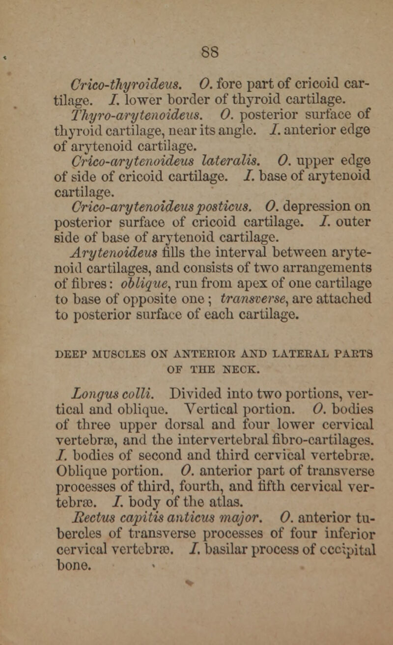 Crico-thyroideus. 0. fore part of cricoid car- tilage. /. lower border of thyroid cartilage. Thyro-arytenoideus. 0. posterior surface of thyroid cartilage, near its angle, I. anterior edge of arytenoid cartilage. Crico-arytenoideus lateralis. 0. upper edge of side of cricoid cartilage. I. base of arytenoid cartilage. Crico-arytenoideus posticus. 0. depression on posterior surface of cricoid cartilage. /. outer side of base of arytenoid cartilage. Arytenoideus tills the interval between aryte- noid cartilages, and consists of two arrangements of fibres: oblique, run from apex of one cartilage to base of opposite one ; transverse, are attached to posterior surface of each cartilage. DEEP MUSCLES ON ANTERIOR AND LATERAL PARTS OF THE NECK. Longus colli. Divided into two portions, ver- tical and oblique. Vertical portion. 0. bodies of three upper dorsal and four lower cervical vertebra), and the intervertebral fibre-cartilages. /. bodies of second and third cervical vertebra). Oblique portion. 0. anterior part of transverse processes of third, fourth, and fifth cervical ver- tebra). I. bodj^ of the atlas. Rectus capitis anticus major. 0. anterior tu- bercles of transverse processes of four inferior cervical vertebra). I. basilar process of occipital bone.