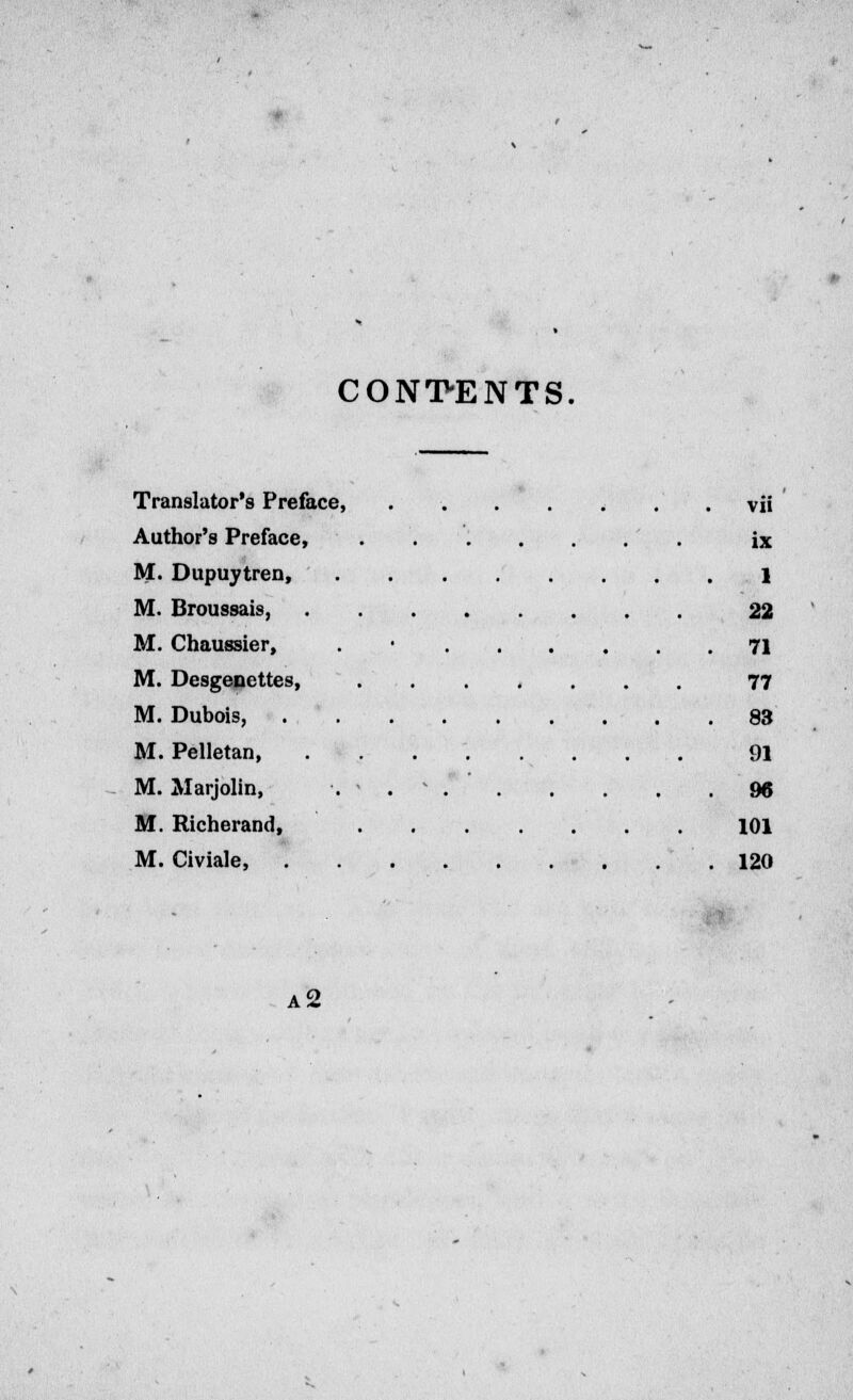 CONTENTS. Translator's Preface, vii Author's Preface, ' . ix M. Dupuytren, 1 M. Broussais, 22 M. Chaussier, . ■ 71 M. Desgenettes, 77 M. Dubois, 83 M. Pelletan 91 M. Marjolin, . < . v 96 M. Richerand, 101 M. Civiale, 120 a2