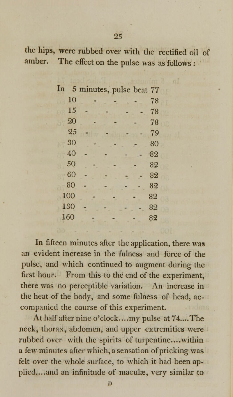 the hips, were rubbed over with the rectified oil of amber. The effect on the pulse was as follows: In 5 minutes, pulse beat 77 10 ... 78 15 - - - - 78 20 --. 78 25 . - . - 79 30 ... 80 40 - - - - 82 50 ... 82 60 - - - - 82 80 - - - - 82 100 82 130 - - - . 82 160 82 In fifteen minutes after the application, there was an evident increase in the fulness and force of the pulse, and which continued to augment during the first hour. From this to the end of the experiment, there was no perceptible variation. An increase in the heat of the body, and some fulness of head, ac- companied the course of this experiment. At half after nine o'clock....my pulse at 74....The neck, thorax, abdomen, and upper extremities were rubbed over with the spirits of turpentine....within a itw minutes after which, a sensation of pricking was felt over the whole surface, to which it had been ap- plied....and an infinitude of maculae, very similar to D