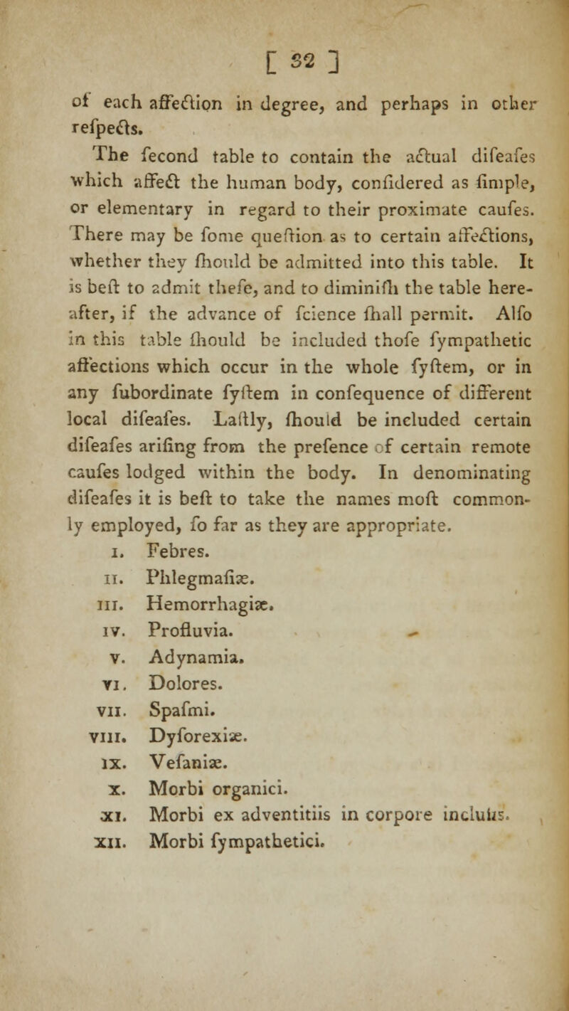 [S2] oi each affection in degree, and perhaps in other refpefts. The fecond table to contain the actual difeafes which affect the human body, considered as fimple, or elementary in regard to their proximate caufes. There may be fome queftion as to certain affections, whether they fhould be admitted into this table. It is beft to admit thefe, and to diminifh the table here- after, if the advance of fcience fhall permit. Alfo in this table fhould be included thofe fympathetic affections which occur in the whole fyftem, or in any fubordinate fyftem in confequence of different local difeafes. Laitly, fhould be included certain difeafes arifing from the prefence of certain remote caufes lodged within the body. In denominating difeafes it is beft to take the names moft common- ly employed, fo far as they are appropriate. i. Febres. II. Phlegmafiae. III. Hemorrhagic. IV. Profluvia. ^ V. Adynamia. VI. Dolores. VII. Spafmi. VIII. Dyforexise. IX. Vefanias. X. Morbi organici. XI. Morbi ex adventitiis in corpore incluii XII. Morbi fympathetici.