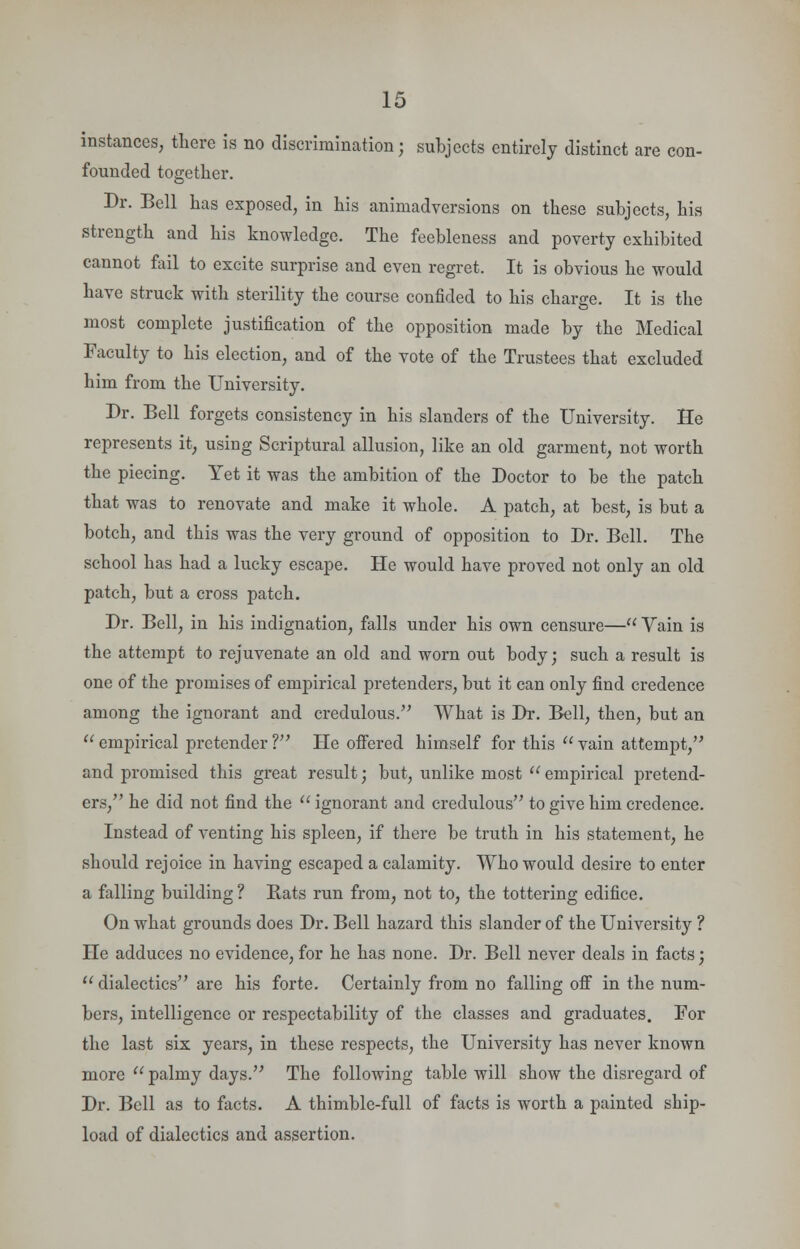 instances, there is no discrimination; subjects entirely distinct are con- founded together. Dr. Bell has exposed, in his animadversions on these subjects, his strength and his knowledge. The feebleness and poverty exhibited cannot fail to excite surprise and even regret. It is obvious he would have struck with sterility the course confided to his charge. It is the most complete justification of the opposition made by the Medical Faculty to his election, and of the vote of the Trustees that excluded him from the University. Dr. Bell forgets consistency in his slanders of the University. He represents it, using Scriptural allusion, like an old garment, not worth the piecing. Yet it was the ambition of the Doctor to be the patch that was to renovate and make it whole. A patch, at best, is but a botch, and this was the very ground of opposition to Dr. Bell. The school has had a lucky escape. He would have proved not only an old patch, but a cross patch. Dr. Bell, in his indignation, falls under his own censure— Vain is the attempt to rejuvenate an old and worn out body; such a result is one of the promises of empirical pretenders, but it can only find credence among the ignorant and credulous. What is Dr. Bell, then, but an  empirical pretender ? He offered himself for this  vain attempt, and promised this great result; but, unlike most  empirical pretend- ers, he did not find the  ignorant and credulous to give him credence. Instead of venting his spleen, if there be truth in his statement, he should rejoice in having escaped a calamity. Who would desire to enter a falling building ? Bats run from, not to, the tottering edifice. On what grounds does Dr. Bell hazard this slander of the University ? He adduces no evidence, for he has none. Dr. Bell never deals in facts;  dialectics are his forte. Certainly from no falling off in the num- bers, intelligence or respectability of the classes and graduates. For the last six years, in these respects, the University has never known more  palmy days. The following table will show the disregard of Dr. Bell as to facts. A thimble-full of facts is worth a painted ship- load of dialectics and assertion.