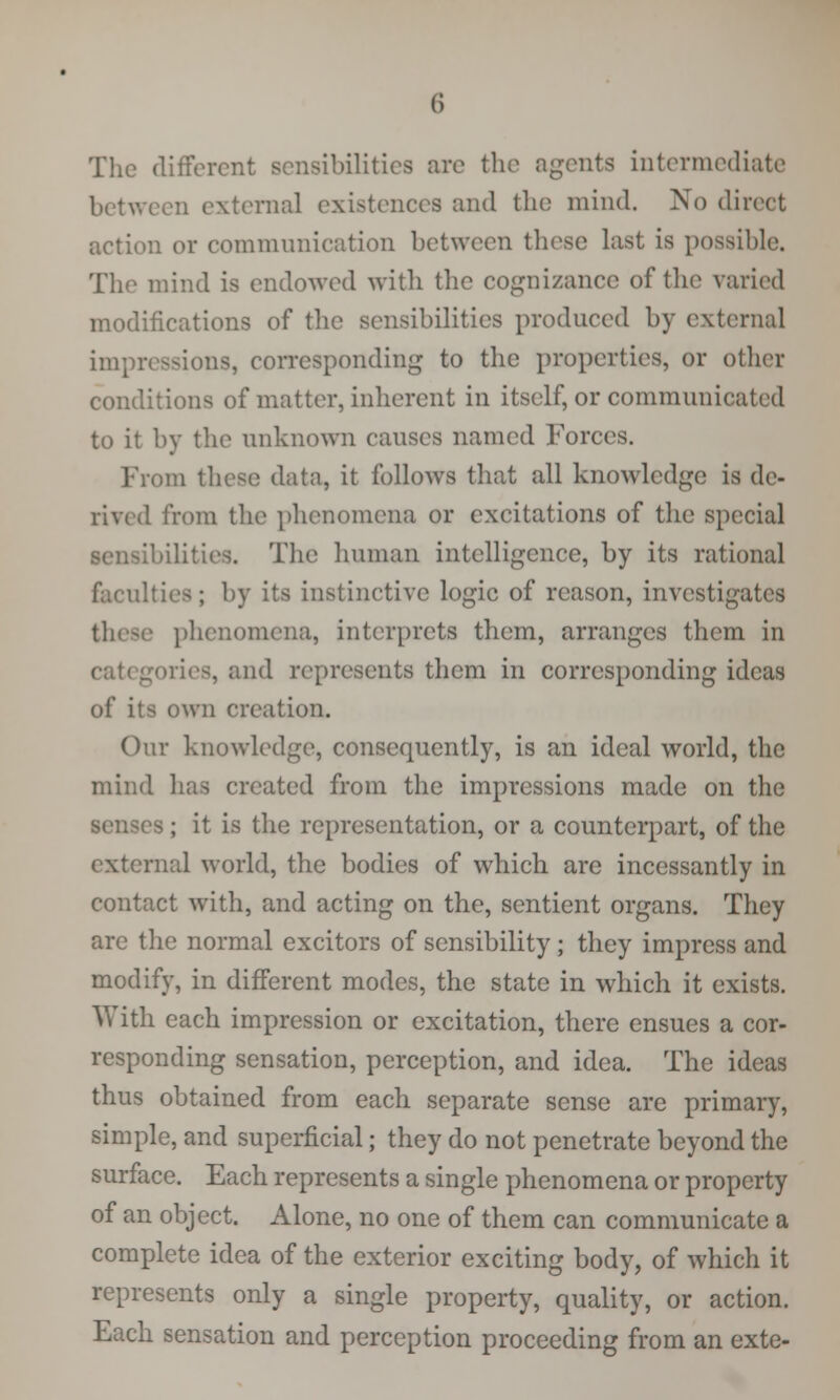 The different sensibilities are the agents intermediate between external existences and the mind. No direct action or communication between these last is possible. Tli*1 mind is endowed with the cognizance of the varied modifications of the sensibilities produced by external impressions, corresponding to the properties, or other conditions of matter, inherent in itself, or communicated to it by the unknown causes named Forces. in these data, it follows that all knowledge is de- rived from the phenomena or excitations of the special The human intelligence, by its rational faculties; by its instinctive logic of reason, investigates phenomena, interprets them, arranges them in ories, and represents them in corresponding ideas of its own creation. Our knowledge, consequently, is an ideal world, the mind has created from the impressions made on the is j it is the representation, or a counterpart, of the external world, the bodies of which are incessantly in contact with, and acting on the, sentient organs. They arc the normal excitors of sensibility ; they impress and modify, in different modes, the state in which it exists. With each impression or excitation, there ensues a cor- responding sensation, perception, and idea. The ideas thus obtained from each separate sense are primary, simple, and superficial; they do not penetrate beyond the surface. Each represents a single phenomena or property of an object. Alone, no one of them can communicate a complete idea of the exterior exciting body, of which it represents only a single property, quality, or action. Each sensation and perception proceeding from an exte-