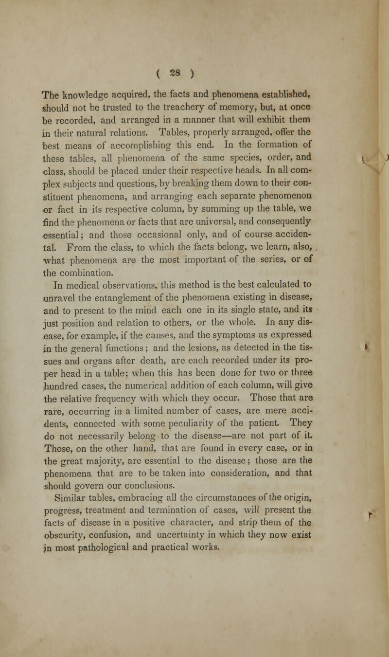 The knowledge acquired, the facts and phenomena established, should not be trusted to the treachery of memory, but, at once be recorded, and arranged in a manner that will exhibit them in their natural relations. Tables, properly arranged, offer the best means of accomplishing this end. In the formation of these tables, all phenomena of the same species, order, and class, should be placed under their respective heads. In all com- plex subjects and questions, by breaking them down to their con- stituent phenomena, and arranging each separate phenomenon or fact in its respective column, by summing up the table, we find the phenomena or facts that are universal, and consequently essential; and those occasional only, and of course acciden- tal. From the class, to which the facts belong, we learn, also, what phenomena are the most important of the series, or of the combination. In medical observations, this method is the best calculated to unravel the entanglement of the phenomena existing in disease, and to present to the mind each one in its single state, and its just position and relation to others, or the whole. In any dis- ease, for example, if the causes, and the symptoms as expressed in the general functions; and the lesions, as detected in the tis- sues and organs after death, are each recorded under its pro- per head in a table; when this has been done for two or three hundred cases, the numerical addition of each column, will give the relative frequency with which they occur. Those that are rare, occurring in a limited number of cases, are mere acci- dents, connected with some peculiarity of the patient. They do not necessarily belong to the disease—are not part of it. Those, on the other hand, that are found in every case, or in the great majority, are essential to the disease; those are the phenomena that are to be taken into consideration, and that should govern our conclusions. Similar tables, embracing all the circumstances of the origin, progress, treatment and termination of cases, will present the facts of disease in a positive character, and strip them of the obscurity, confusion, and uncertainty in which they now exist jn most pathological and practical works.