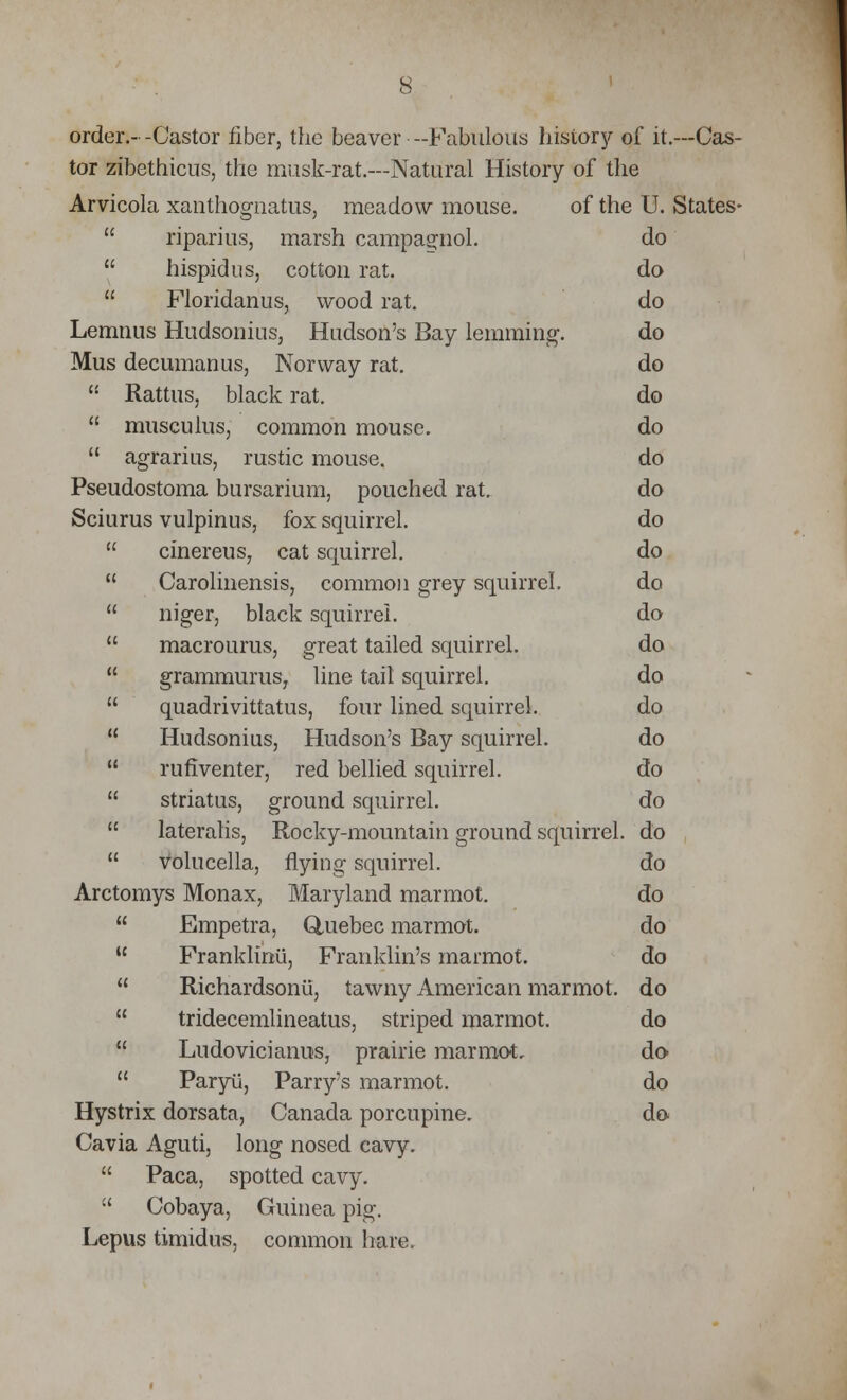 order.--Castor fiber, the beaver -Fabulous history of it.—Cas- tor zibethicus, the musk-rat.—Natural History of the Arvicola xanthognatus, meadow mouse. of the U. States-  riparius, marsh campagnol. do  hispidus, cotton rat. do  Floridanus, wood rat. do Lemnus Hudsonius, Hudson's Bay lemming. do Mus decumanus, Norway rat. do  Rattus, black rat. do  musculus, common mouse. do  agrarius, rustic mouse. do Pseudostoma bursarium, pouched rat. do Sciurus vulpinus, fox squirrel. do  cinereus, cat squirrel. do  Carolinensis, common grey squirrel. do  niger, black squirrel. do  macrourus, great tailed squirrel. do  grammurus, line tail squirrel. do  quadrivittatus, four lined squirrel. do  Hudsonius, Hudson's Bay squirrel. do  rufiventer, red bellied squirrel. do  striatus, ground squirrel. do  lateralis, Rocky-mountain ground squirrel, do  volucella, flying squirrel. do Arctomys Monax, Maryland marmot. do  Empetra, (Quebec marmot. do  Franklinii, Franklin's marmot. do  Richardsonii, tawny American marmot, do  tridecemlineatus, striped marmot. do  Ludovicianus, prairie marmot, do  Paryii, Parry's marmot. do Hystrix dorsata, Canada porcupine. do Cavia Aguti, long nosed cavy.  Paca, spotted cavy.  Cobaya, Guinea pig. Lepus timidus, common hare.