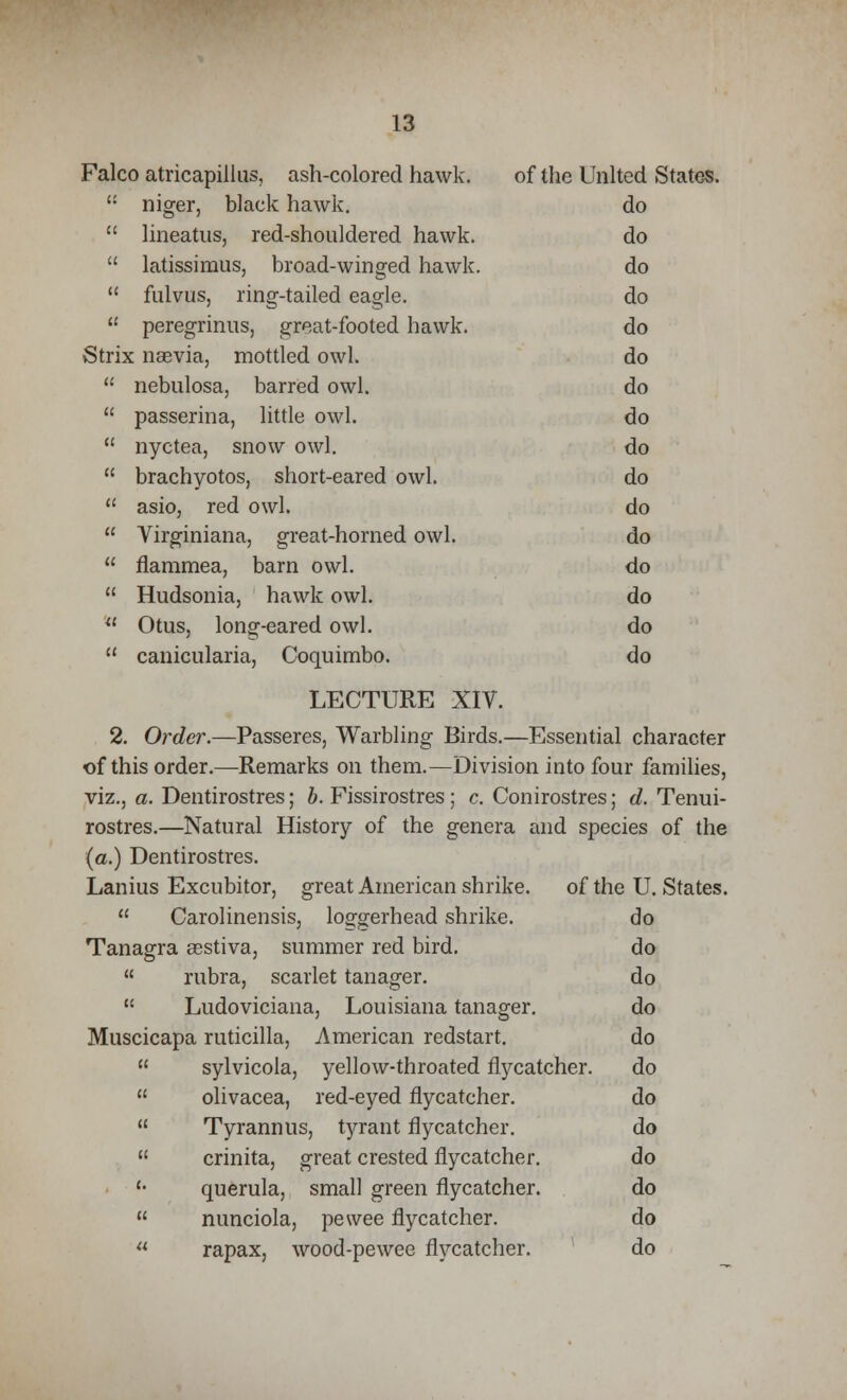 Falc o atricapillus, ash-colored hawk. of the United ce niger, black hawk. do « lineatus, red-shouldered hawk. do « latissimus, broad-winged hawk. do a fulvus, ring-tailed eagle. do a peregrinus, great-footed hawk. do Strix naevia, mottled owl. do « nebulosa, barred owl. do u passerina, little owl. do u nyctea, snow owl. do a brachyotos, short-eared owl. do u asio, red owl. do u Virginiana, great-horned owl. do iC flaramea, barn owl. do a Hudsonia, hawk owl. do a Otus, long-eared owl. do u canicularia, Coquimbo. do LECTURE XIV. 2. Order.—Passeres, Warbling Birds.—Essential character of this order.—Remarks on them.—Division into four families, viz., a. Dentirostres; b. Fissirostres ; c. Conirostres; d. Tenui- rostres.—Natural History of the genera and species of the (a.) Dentirostres. Lanius Excubitor, great American shrike. of the U. States.  Carolinensis, loggerhead shrike. do Tanagra aestiva, summer red bird. do  rubra, scarlet tanager. do  Ludoviciana, Louisiana tanager. do Muscicapa ruticilla, American redstart. do  sylvicola, yellow-throated flycatcher. do  olivacea, red-eyed flycatcher. do  Tyrannus, tyrant flycatcher. do  crinita, great crested flycatcher. do '• querula, small green flycatcher. do  nunciola, pewee flycatcher. do u rapax, wood-pewee flycatcher. do
