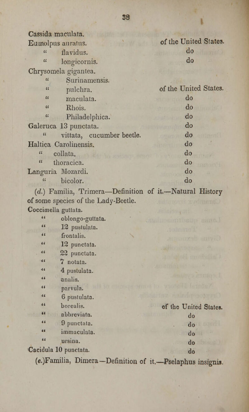Cassida maculata. Eumolpus aurattts. * of the United States, « flavidus. do it lon^icornis. do Chrysomela gigantea. u Surinamensis. (i pulchra. of the United States. u maculata. do tt Rhois. do u Philadelphica. do Galeruca 13 punctata. do u vittata, cucumber beetle. do Haltica Carolinensis. do a collata. do (C thoracica. do Languria Mozardi. do u bicolor. do (d.) Familia, Trimera—Definition of it.—Natural History of some species of the Lady -Beetle. Coccimella guttata. <« oblongo-guttata. << 12 pustulata. «< frontalis. ti 12 punctata. it 22 punctata. 41 7 notata. 41 4 pustulata. a analis. n paivula. At 6 pustulata. (( borealis. of the United States. it abbreviata. do II 9 punctata. do M immaculata. do II ursina. do Cacidula 10 punctata. (c.)Familia, Dimera—Definition of it, do —Pselaphus insignia.