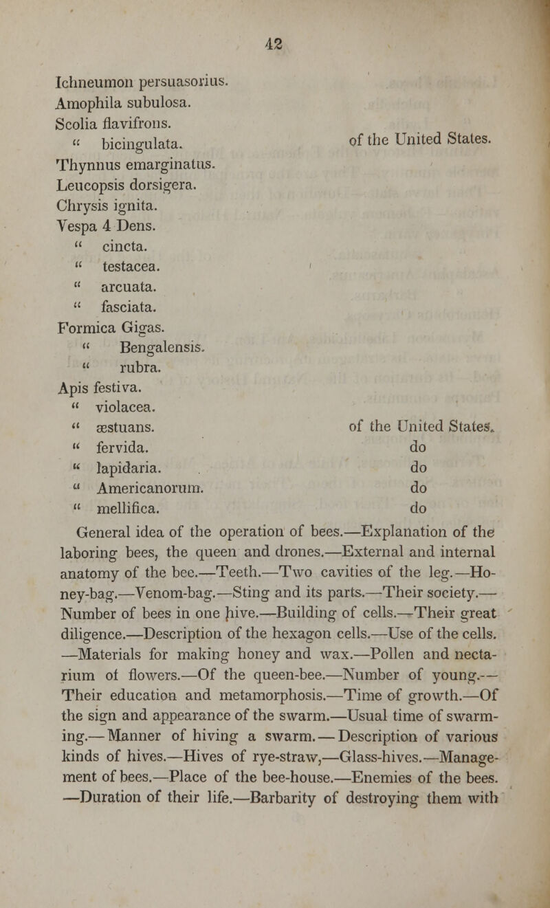 Ichneumon persuasorius. Amophila subulosa. Scolia flavifrons. « bicingulata. of the United States. Thynnus emarginatus. Leucopsis dorsigera. Chrysis ignita. Vespa 4 Dens. cincta. testacea. ' arcuata. fasciata. Formica Gigas. Bengalensis. rubra. Apis festiva. violacea. sestuans. of the United States. fervida. do lapidaria. do Americanorum. do mellifica. do General idea of the operation of bees.—Explanation of the laboring bees, the queen and drones.—External and internal anatomy of the bee.—Teeth.—Two cavities of the leg. —Ho- ney-bag.—Venom-bag.—Sting and its parts.—Their society.— Number of bees in one hive.—Building of cells.—Their great diligence.—Description of the hexagon cells.—Use of the cells. —Materials for making honey and wax.—Pollen and necta- rium of flowers.—Of the queen-bee.—Number of young.— Their education and metamorphosis.—Time of growth.—Of the sign and appearance of the swarm.—Usual time of swarm- ing.— Manner of hiving a swarm. — Description of various kinds of hives.—Hives of rye-straw,—Glass-hives.—Manage- ment of bees.—Place of the bee-house.—Enemies of the bees. —Duration of their life.—Barbarity of destroying them with