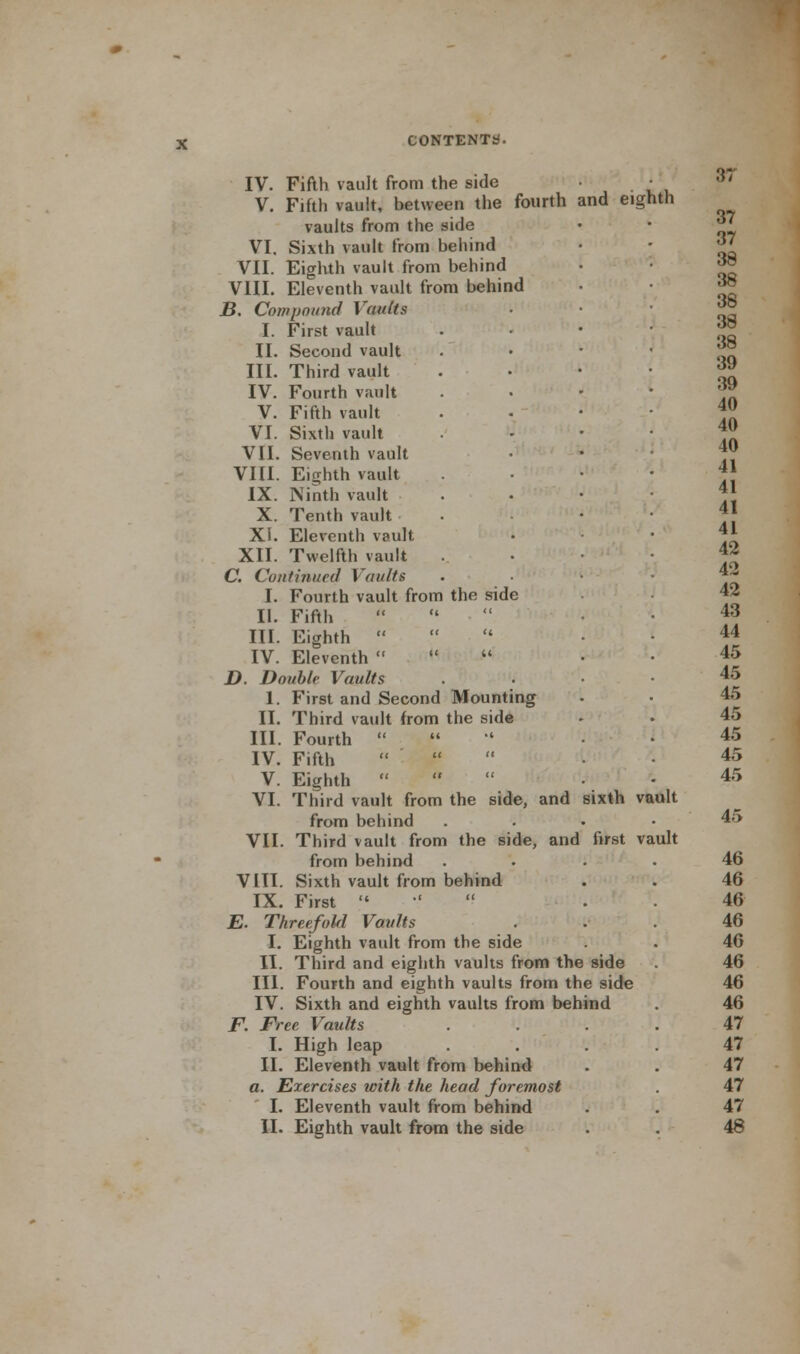fourth and eighth IV. Fifth vault from the side V. Fifth vault, between the vaults from the side VI. Sixth vault from behind VII. Eighth vault from behind VIII. Eleventh vault from behind B. Compound Vaults I. First vault II. Second vault III. Third vault IV. Fourth vault V. Fifth vault VI. Sixth vault VII. Seventh vault VIII. Eighth vault IX. Ninth vault X. Tenth vault XI. Eleventh vault XII. Twelfth vault C. Continued Vaults II. Fifth III. Eighth  IV. Eleventh    D. Double Vaults 1. First and Second Mounting II. Third vault from the side III. Fourth  IV. Fifth V. Eighth  VI. Third vault from the side, and sixth vault from behind VII. Third vault from the side, and first vault from behind VIII. Sixth vault from behind IX. First  E. Threefold Vaults I. Eighth vault from the side II. Third and eighth vaults from the side IV. Sixth and eighth vaults from behind F. Free Vaults I. High leap II. Eleventh vault from behind a. Exercises with the head foremost I. Eleventh vault from behind .'{7