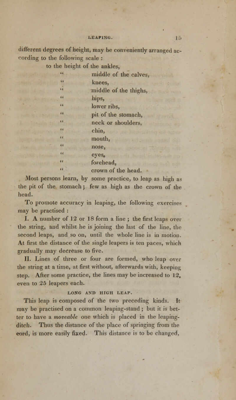 different degrees of height, may be conveniently arranged ac- cording to the following scale : to the height of the ankles, middle of the calves, knees, middle of the thighs, hips, lower ribs, pit of the stomach, neck or shoulders, chin, mouth, nose, eyes, forehead, crown of the head. Most persons learn, by some practice, to leap as high as the pit of the stomach j few as high as the crown of the head. To promote accuracy in leaping, the following exercises may be practised : I. A number of 12 or 18 form a line ; the first leaps over the string, and whilst he is joining the last of the line, the second leaps, and so on, until the whole line is in motion. At first the distance of the single leapers is ten paces, which gradually may decrease to five. II. Lines of three or four are formed, who leap over the string at a time, at first without, afterwards with, keeping step. After some practice, the lines maybe increased to 12, even to 25 leapers each. LONG AND HIGH LEAP. This leap is composed of the two preceding kinds. It may be practised on a common leaping-stand ; but it is bet- ter to have a moveable one which is placed in the leaping- ditch. Thus the distance of the place of springing from the cord, is more easily fixed. This distance is to be changed,