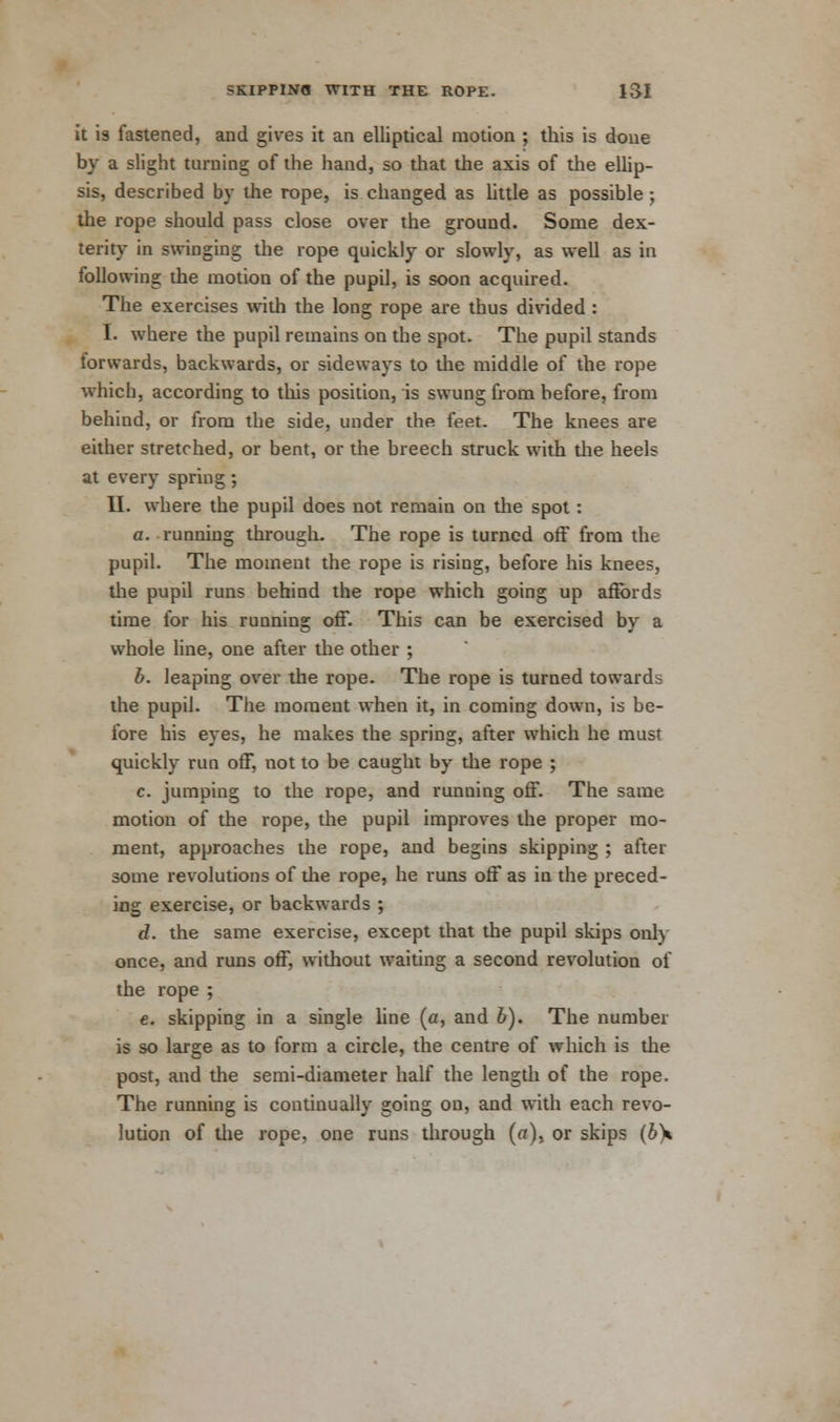 it 13 fastened, and gives it an elliptical motion ; this is done by a slight turning of the hand, so that the axis of the ellip- sis, described by the rope, is changed as little as possible; the rope should pass close over the ground. Some dex- terity in swinging the rope quickly or slowly, as well as in following the motion of the pupil, is soon acquired. The exercises with the long rope are thus divided : I. where the pupil remains on the spot. The pupil stands lorwards, backwards, or sideways to die middle of the rope which, according to this position, is swung from before, from behind, or from the side, under the feet. The knees are either stretched, or bent, or the breech struck with the heels at every spring; II. where the pupil does not remain on the spot: a. running through. The rope is turned off from the pupil. The moment the rope is rising, before his knees, the pupil runs behind the rope which going up affords time for his running off. This can be exercised by a O J whole line, one after the other ; b. leaping over the rope. The rope is turned towards the pupil. The moment when it, in coming down, is be- fore his eyes, he makes the spring, after which he must quickly run off, not to be caught by die rope ; c. jumping to the rope, and running off. The same motion of the rope, the pupil improves the proper mo- ment, approaches the rope, and begins skipping ; after some revolutions of die rope, he runs off as in the preced- ing exercise, or backwards ; d. the same exercise, except that the pupil skips only once, and runs off, without waiting a second revolution of the rope ; e. skipping in a single line (a, and 6). The number is so large as to form a circle, the centre of which is die post, and the semi-diameter half the length of the rope. The running is continually going on, and with each revo- lution of die rope, one runs through (a), or skips (b\