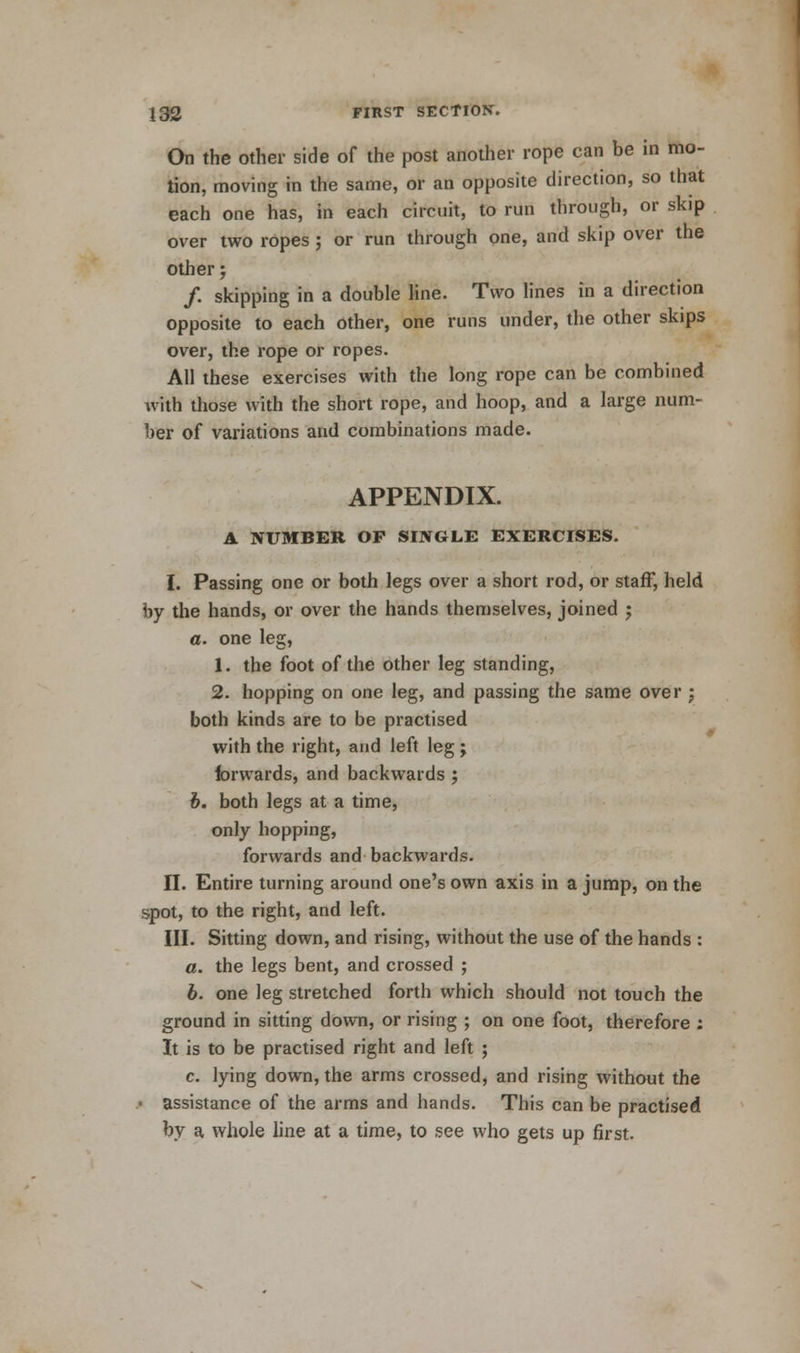 On the other side of the post another rope can be in mo- tion, moving in the same, or an opposite direction, so that each one has, in each circuit, to run through, or skip over two ropes ; or run through one, and skip over the other; /. skipping in a double line. Two lines in a direction opposite to each Other, one runs under, the other skips over, the rope or ropes. All these exercises with the long rope can be combined with those with the short rope, and hoop, and a large num- ber of variations and combinations made. APPENDIX. A NUMBER OF SINGLE EXERCISES. I. Passing one or both legs over a short rod, or staff, held by the hands, or over the hands themselves, joined j a. one leg, 1. the foot of the other leg standing, 2. hopping on one leg, and passing the same over ; both kinds are to be practised with the right, and left leg; forwards, and backwards ; b. both legs at a time, only hopping, forwards and backwards. II. Entire turning around one's own axis in a jump, on the spot, to the right, and left. III. Sitting down, and rising, without the use of the hands : a. the legs bent, and crossed ; b. one leg stretched forth which should not touch the ground in sitting down, or rising ; on one foot, therefore : It is to be practised right and left ; c. lying down, the arms crossed, and rising without the • assistance of the arms and hands. This can be practised by a whole line at a time, to see who gets up first.