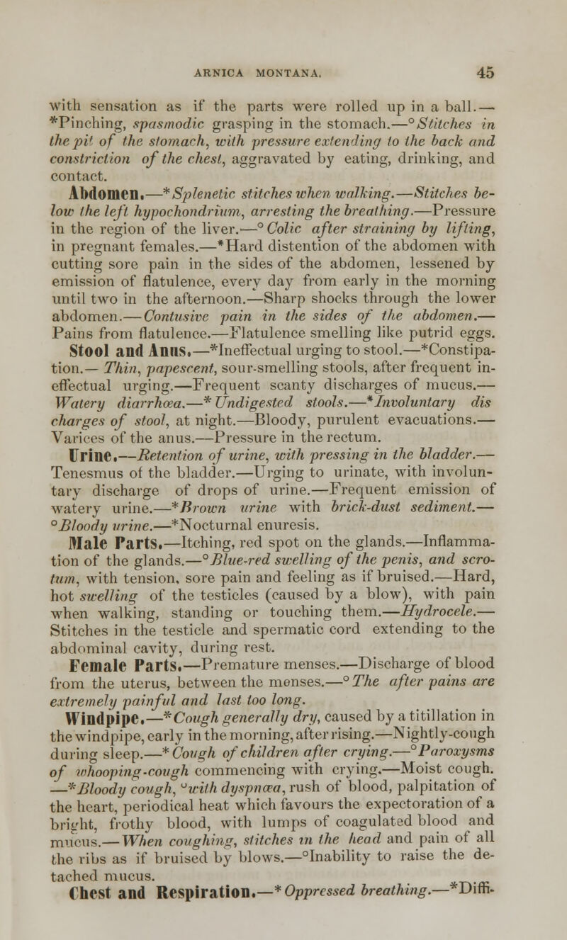 with sensation as if the parts were rolled up in a ball.— *Pinehing, spasmodic grasping in the stomach.—°Stitches in the pit of the stomach, with pressure extending to the hack and constriction of the chest, aggravated by eating, drinking, and contact. Abdomen.—*S]ilenetic stitches when walking.—Stitches be- low the left hypochondrium, arresting the breathing.—Pressure in the region of the liver.—° Colic after straining by lifting, in pregnant females.—*Hard distention of the abdomen with cutting sore pain in the sides of the abdomen, lessened by emission of flatulence, every day from early in the morning until two in the afternoon.—Sharp shocks through the lower abdomen.— Gontusive pain in the sides of the abdomen.— Pains from flatulence.—Flatulence smelling like putrid eggs. Stool and AnilS.—ineffectual urging to stool.—♦Constipa- tion.— Thin, papescent, sour-smelling stools, after frequent in- effectual urging.—Frequent scanty discharges of mucus.— Watery diarrhoea.—* Undigested stools.—* Involuntary dis charges of stool, at night.—Bloody, purulent evacuations.— Varices of the anus.—Pressure in the rectum. Urine.—Retention of urine, with pressing in the bladder.— Tenesmus of the bladder.—Urging to urinate, with involun- tary discharge of drops of urine.—Frequent emission of watery urine.—* Brown urine with brick-dust sediment.— °Bloody urine.—*Nocturnal enuresis. Male Parts.—Itching, red spot on the glands.—Inflamma- tion of the glands.—°Blue-red swelling of the penis, and scro- tum, with tension, sore pain and feeling as if bruised.—Hard, hot swelling of the testicles (caused by a blow), with pain when walking, standing or touching them.—Hydrocele.— Stitches in the testicle and spermatic cord extending to the abdominal cavity, during rest. Female Parts.—Premature menses.—Discharge of blood from the uterus, between the menses.—° The after pains are extremely painful and last too long. Windpipe.—* Cough generally dry, caused by a titillation in the windpipe, early in the morning, after rising.—Nightly-cough during sleep.—* Cough of children after crying.—°Paroxysms of whooping-cough commencing with crying.—Moist cough. —*Bloody cough, uwith dyspncea, rush of blood, palpitation of the heart, periodical heat which favours the expectoration of a bright, frothy blood, with lumps of coagulated blood and mucus.— When coughing, stitches in the head and pain of all the ribs as if bruised by blows.—inability to raise the de- tached mucus. Chest and Respiration.—* Oppressed breathing.—*Diffi-