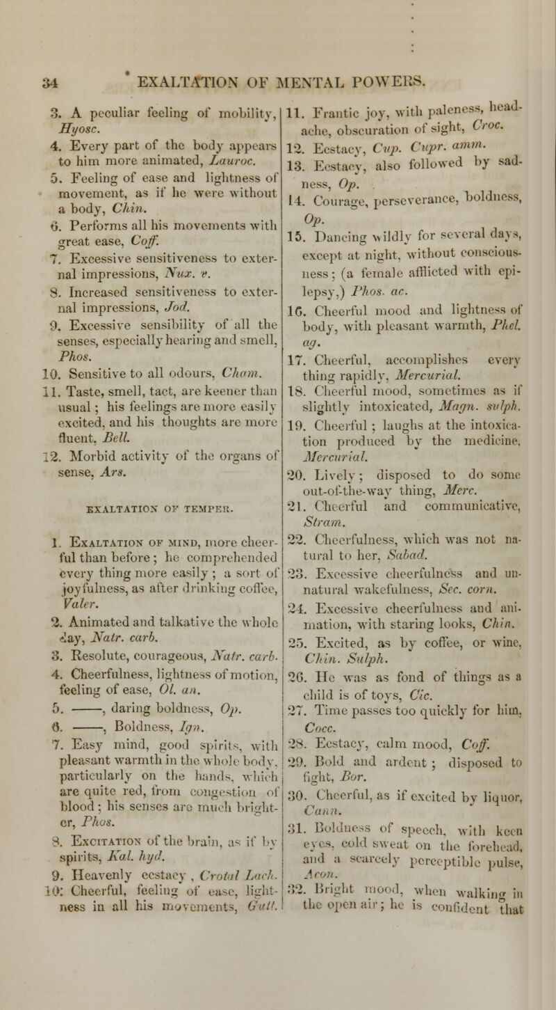 3. A peculiar feeling of mobility, Hyosc. 4. Every part of the body appears to him more animated, Lauroc. 5. Feeling of ease and lightness of movement, as if he were without a body, Chin. t>. Performs all his movements with great ease, Coff. 7. Excessive sensitiveness to exter- nal impressions, N-ux. v. 8. Increased sensitiveness to exter- nal impressions, Jod. 9. Excessive sensibility of all the senses, especially hearing and smell, Pkos. 10. Sensitive to all odours, Cham, 1\. Taste, smell, tact, are keener than usual; his feelings are more easily excited, and his thoughts are more fluent, Bell. 12. Morbid activity of the organs of sense, Ars. EXALTATIOX OV TEMPKR. 1. Exaltation of mind, more cheer- ful than before ; he comprehended every thing more easily ; a sort of joyfulness, as after drinking coflee, Valer. 3. Animated and talkative the w hole «Iay, Natr. curb. 3. Resolute, courageous, Katr. curb. 4. Cheerfulness, lightness of motion, feeling of ease, 01. an. 5. , daring boldness, Op. 0. , Boldness, Ipit. 7. Easy mind, good spirit^;, with pleasant warmth in the whole body, particularly on the hands, which are quite red, from congestion of blood ; his senses are much bright- er, Fhos. 8. Excitation of the brain, as if l.'v spirits, Kal. hyd. 9. Heavenly ccstacy , Crohil Lack. 10: Cheerful, feeling of ease, light- ness in all his movements, Gulf. 11. Frantic joy, with paleness, head- ache, obscuration of sight, Croc. 1-2. Ecstaev, Cvjy. Cupr. amm. 13. Ecstacy, also followed by sad- ness, Op. 14. Courage, perseverance, boldness. Op. 15. Dancing Nvildly for several days, except at night, without conscious- ness: (a female afflicted with epi- lepsy,) rhos- ac. IC. Cheerful mood and lightness of body, with pleasant warmth, Phcl. ag. 17. Cheerful, accomplishes every thing rapidly, Mercurial. 18. Cheerful mood, sometimes as if slightly intoxicated, Magn. svlph. 10. Cheerful ; laughs at the into.xiea- tion produced by the medicine. Merairial. 20. Lively; disposed to do sonic out-of-the-way thing, Merc. 21. Cheerful and communicative, Stram. 22. Cheerfulness, which was not na- tural to her, Sabad. 23. Excessive cheerfulness and un- natural wakefulness, Sec. corn. 24. Excessive cheerfulness and ani- mation, with staring looks, Chin. 25. Excited, as by coffee, or wine, Chin. Sulph. 2G. He was as fond of things as a child is of toys, Cic. 27. Time passes too quickly for hiin. Cocc. 28. Ecstacy, calm mood, Coff. 29. Bold and ardent ; disposed to (ight, Bar. 30. Cheerful, as if excited by liquor, Cann. 31. Boldness of speech, with keen eyes, cold sweat on the forehead. and a scarcely perceptible pulse, Aeon. 32. Bright mood, when walkin in the open air; he is confident that