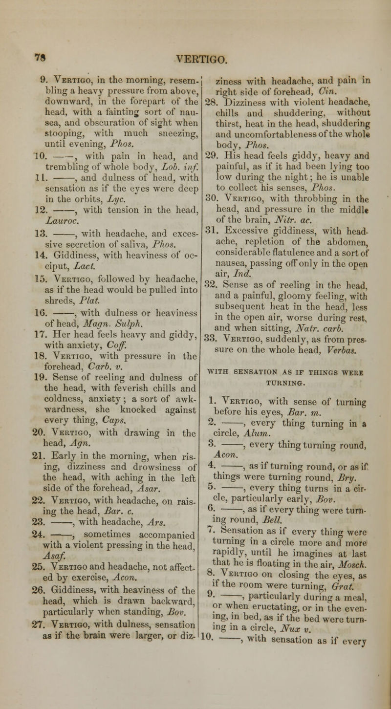 9. Vertigo, in the morning, resem- bling a heavy pressure from above, downward, in the forepart of the head, with a fainting sort of nau- sea, and obscuration of sight when stooping, with much sneezing, until evening, Phos. 10. , with pain in head, and trembling of whole body. Lob. inf. 11. , and dulness of head, with sensation as if the eyes were deep in the orbits, Lye. 12. , with tension in the head, Lauroc. 13. , with headache, and exces- sive secretion of saliva, Phos. 14. Giddiness, with heaviness of oc- ciput, Lact. 15. Vertigo, followed by headache, as if the head would be pulled into shreds. Plat. 16. , with dulness or heaviness of head, Magn. Sulph. 17. Her head feels heavy and giddy, with anxiety, Coff. 18. Vertigo, with pressure in the forehead, Carb. v. 19. Sense of reeling and dulness of the head, with feverish chills and coldness, anxiety ; a sort of awk- wardness, she knocked against every thing. Caps, 20. Vertigo, with drawing in the head, Agn, 21. Early in the morning, when ris- ing, dizziness and drowsiness of the head, with aching in the left side of the forehead, Asar. 22. Vertigo, with headache, on rais- ing the head. Bar. c. 23. , with headache, Ars. 24. —■—, sometimes accompanied with a violent pressing in the head, Asaf. 25. Vertigo and headache, not affect- ed by exercise, Aeon. 26. Giddiness, with heaviness of the head, which is drawn backward, particularly when standing, Pov. 27. Vertigo, with dulness, sensation as if the brain were larger, or diz- i ziness with headache, and pain in right side of forehead, Cin. 28. Dizziness with violent headache, chills and shuddering, without thirst, heat in the head, shuddering and uncomfortablenessof the whole body, Phos. 29. His head feels giddy, heavy and painful, as if it had been lying too low during the night; he is unable to collect his senses, Phos. 30. Vertigo, with throbbing in the head, and pressure in the middle of the brain, Nitr. ac. 31. Excessive giddiness, with head- ache, repletion of the abdomen, considerable flatulence and a sort of nausea, passing offonly in the open air, Ind. 32. Sense as of reeling in the head, and a painful, gloomy feeling, with subsequent heat in the head, less in the open air, worse during rest, and when sitting, JVatr. carb. 33. Vertigo, suddenly, as from pres- sure on the whole head, Verbas. WITH sensation AS IF THINGS WERE TURNING. 1. Vertigo, with sense of turning before his eyes. Bar. m. 2. , every thing turning in a circle, Alum. 3. , every thing turning round, Aeon. 4. 1 , as if turning round, or as if things were turning round, Bry. 5- , every thing turns in a cir- cle, particularly early, Bov. 6- , as if every thing were turn- ing round, Bell. 7. Sensation as if every thing were turning in a circle more and more rapidly, until he imagines at last that he is floating in the air, Mosch. 8. Vertigo on closing the eyes, as if the room were turning, Grat. 9- , particularly during a meal, or when eructating, or in the even- ing, in bed, as if the bed were turn- ing in a circle, Nux v. ^^ > with sensation as if every