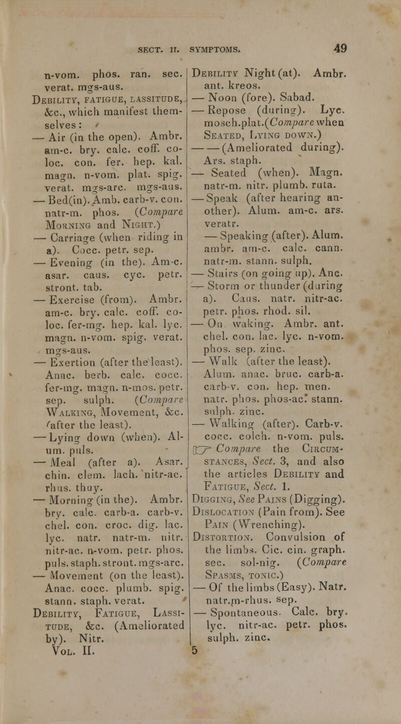 n-vom. phos. ran. sec. verat. mgs-aus. Debility^, fatigue, lassitude, &c., wliich manifest them- selves : — Air (ia the open). Ambr. am-c. bry. calc. coff. co- loc. con. fer. hep. kal. magn. n-vom. plat. spig. verat. mgs-arc. mgs-aus. — Bed(in). Amb. carb-v. con. natr-m. phos. (Compare MoRNixG and Night.) — Carriage (when riding in a). Cocc. petr. sep. — Evening (in the). Am-c. asar. caus. eye. petr. ! stront. tab. — Exercise (from). Ambr. am-c. bry. calc. cofF. co- loc. fer-mg. hep. kal. lyc. magn. n-vom. spig. verat. - mgs-aus. — Exertion (after the least). Anac. berb. calc. cocc. fer-mg. magn. n-mos. petr. sep. sulph. {Compare Walking, Movement, &c. /after the least). — Lying down (when). Al- um, puis. — Meal (after a). Asar. chin. clem. lach. nitr-ac. rhus. thuy. — Morning (in the). Ambr. bry. calc. carb-a. carb-v, chel. con. croc. dig. lac. lyc. natr. natr-m. nitr. nitr-ac. n-vom. petr. phos. puis, staph, stront. mgs-arc. — Moveinent (on the least). Anac. cocc. plumb, spig. stann. staph, verat. Debilitv, Fatigue, Lassi- tude, &c. (Ameliorated by). Nitr. Vol. IL Debilitv Night (at). Ambr. ant. kreos. — Noon (fore). Sabad. — Repose (during). Lyc. mosch.plat.(CoOT/jarc whea Seated, Ia^ng down.) (Ameliorated during). Ars. staph. — Seated (when). Magn. natr-m. nitr. plumb, ruta. — Speak (after hearing an- other). Alum. am-c. ars. veratr. — Speaking (after). Alum, ambr. am-c. calc. cann. natr-m. stann. sulph. — Stairs (on going up). Anc — Storm or thunder (during a). Caus. natr. nitr-ac. petr. phos. rhod. sil. — On waking. Ambr. ant. chel. con. lac. lyc. n-vom. phos. sep. zinc. — Walk (after the least). Alum. anac. bruc. carb-a. carb-v. con. hep. men. natr. phos. phos-ac' stann. sulph. zinc. — Walking (after). Carb-v. cocc. colch. n-vom. puis. [13?= Compare the Circum- stances, Sect. 3, and also the articles Debility and Fatigue, Sect. 1. Digging, See Pains (Digging). Dislocation (Pain from). See Pain (Wrenching). Distortion. Convulsion of the limbs. Cic. cin. graph, sec. sol-nig. (Compare Spasms, tonic.) — Of the limbs (Easy). Natr. natr.pti-rhus. sep. — Spontaneous. Calc. bry. lyc. nitr-ac. petr. phos. sulph. zinc. 5