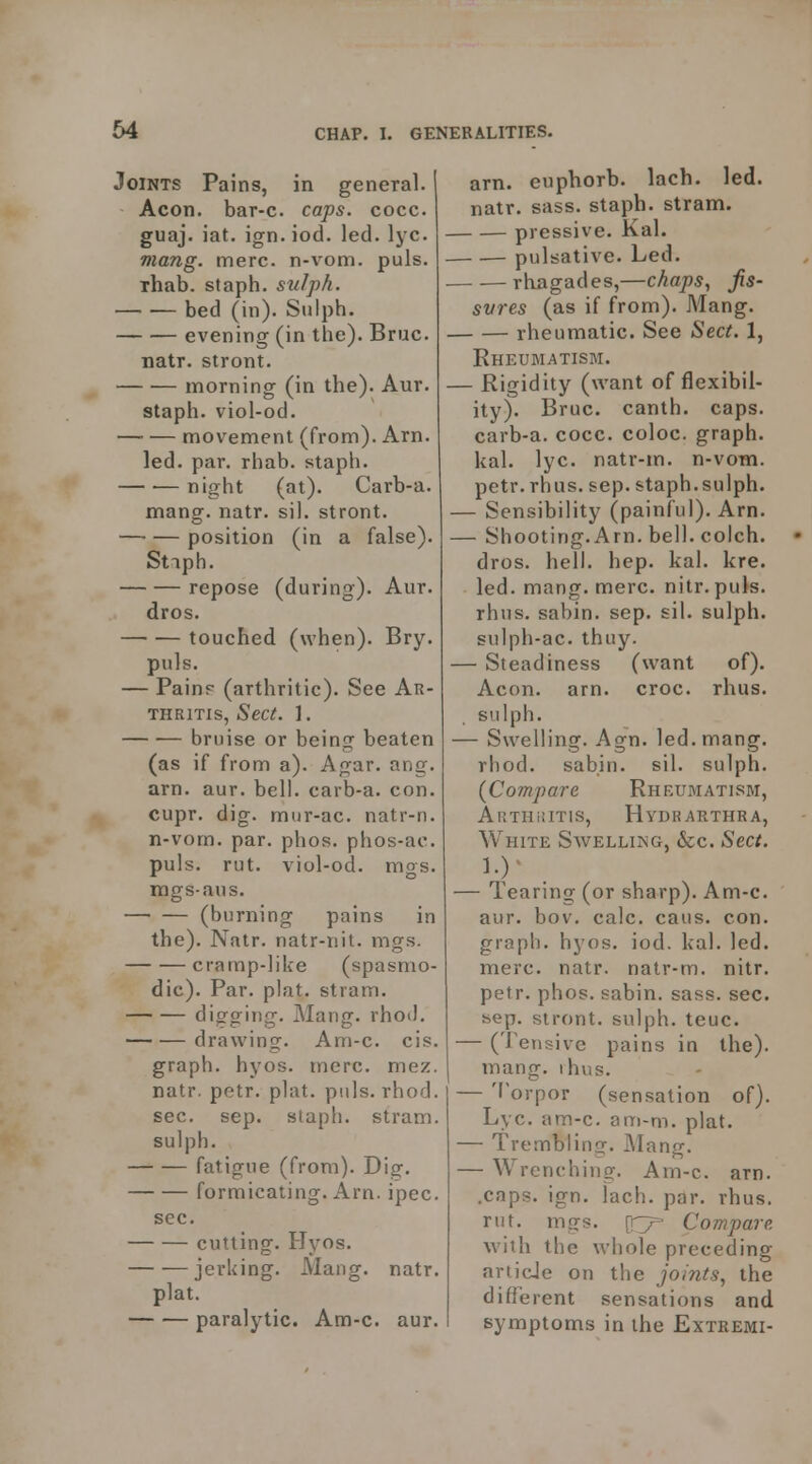 Joints Pains, in general. Aeon, bar-c. caps. cocc. guaj. iat. ign. iod. led. lyc. Viang, nnerc. n-vom. puis. rhab. staph, sulph. bed (in). Sulph. evening (in the). Bruc. natr. stront. morning (in the). Aur. staph, viol-od. movement (from). Am. led. par. rhab. staph. night (at). Carb-a. mang. natr. sil. stront. position (in a false). Stiph. repose (during). Aur. dros. touched (when). Bry. puis. — Pain? (arthritic). See Ar- thritis, Sect. 1. bruise or being beaten (as if from a). Agar. ang. arn. aur. bell, carb-a. con. cupr. dig. mur-ac. natr-n. n-vom. par. phos. phos-ac. puis. rut. viol-od. mgs. ings-aus. (burning pains in the). Natr. natr-nit. mgs. cramp-like (spasmo- dic). Par. plat, stram. digging. Mang. rhoi). drawing. Am-c. cis. graph, hyos. mere. mez. natr. petr. plat. puis. rhod. sec. sep. staph, stram. sulph. fatigue (from). Dig. formicating. Arn. ipec. sec. cutting. Hyos. jerUing. Mang. natr. plat. paralytic. Am-e. aur. arn. euphorb. lach. led. natr. sass. staph, stram. pressive. Kal. pulsative. Led. rhagades,—chaps., jis- svres (as if from). Mang. rheumatic. See Sect. 1, Rheumatism. — Rigidity (want of flexibil- ity). Bruc. canth. caps, carb-a. cocc. coloc. graph, kal. lyc. natr-m. n-vom. petr.rhus. sep. staph.sulph. — Sensibility (painful). Arn. — Shooting. Arn. bell, colch. dros. hell. hep. kal. kre. led. mang. mere. nitr. puis, rhus. sabin. sep. sil. sulph. sulph-ac. thuy. — Steadiness (want of). Aeon. arn. croc. rhus. sulph. — Swelling. Agn. led. mang. rhod. sabin. sil. sulph. (Compare Rheumatism, AuTHiilTIS, HyDRARTHRA, White Swelling, &c. Sect. — learing (or sharp). Am-c. aur. bov, cale. caus. con. graph, hyos, iod. kal. led. mere. natr. natr-m. nitr. petr. phos. sabin, sass. sec. sep. stront, sulph, teuc. — (Tensive pains in the), mang, ihus, — 'I orpor (sensation of). Lye. am-e. am-m. plat. — Trembling, Mang, — Wrenching. Am-c. arn. .caps, ign. lach. par. rhus. rut. mgs. [TT^ Compare with the whole preceding artide on the joints, the different sensations and symptoms in the Extremi-