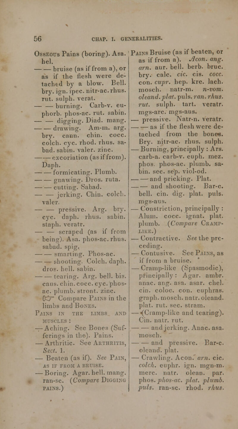 Osseous Pains (boring). Asa.' he). bruise (as if from a), or as if the flesh were de- tached by a blow. Bell, bry. ign. ipec. nitr-ac.rhus. rut. sulph. verat. burning. Carb-v. eu- phorb. phos-ac. rut. sabin. digging. Diad. mang. drawing. Am-m. arg. bry. cann. chin. cocc. colch. eye. rhod. rhus. sa- bad. sabin. valer. zinc. excoriation (as if from). Daph. formicating. Plumb. gnawing. Dros. ruta. cutting. Sabad. — — jerking. Chin, colcli. valer. — — pressive. Arg. bry. eye. daph. rhus. sabin. staph, veratr. — — scraped (as if from being). Asa. phos-ac. rhus. sabad. spig. smarting. Phos-ac. shooting. Colch. daph. dros. hell, sabin. tearing. Arg. bell. bis. caus. chin. cocc. eye. phos- ac. plumb, stront. zinc. 0^ Compare Paiks in the limbs and Bones. Pains in the limbs and MUSCLES: — Aching. See Bones (Suf- ferings in the). Pains. — Arthritic. See Arthritis, Sect. 1. — Beaten (as if). See Pain, AS IF FROM A BRUISE. — Boring. Agar. hell. mang. ran-sc. {Compare Digging PAINS.) Pains Bruise (as if beaten, or as if from a). jJcon. ang. am. aur. bell. berb. bruc. bry. calc. etc. cis. cocc. con. cupr. hep. kre. lach. mosch. natr-m. n-vom. oleand.plat. puis. ran. rhus. rut. sulph. tart, veratr. mgs-arc. mgs-aus. — pressive. Natr-n. veratr. — — as if the flesh were de- tached from the bones. Bry. nitr-ac. rhus. sulph. — Burning, principally : Ars. carb-a. carb-v. euph. mez. phos. phos-ac. plumb, sa- bin. sec. Sep. viol-od. — — and pricking. Plat. — — and shooting. Bar-c. bell. cin. dig. plat. puis, mgs-aus. — Constriction, principally : Alum. cocc. ignat. plat, plumb. (^Compare Cramp- like.) — Contractive. See the pre- ceding. — Contusive. See Pains, as if from a bruise. — Cramp-like (Spasmodic), principally: Agar. ambr. anac. ang. asa. asar. chel. cin. coloc. con. euphras. graph, mosch. natr. oleand. plat. rut. sec. stram. — (Ciamp-like and tearing). Cin. natr. rut. — — and jerking. Anac. asa. mosch. and pressive. Bar-c. oleand. plat. — Crawling. Aeon. am. cic. colch. euphr. ign. mgn m. mere. natr. olean. par. phos. phos-ac. jjhit. plumb, puis, ran-sc. rhod. rhus.