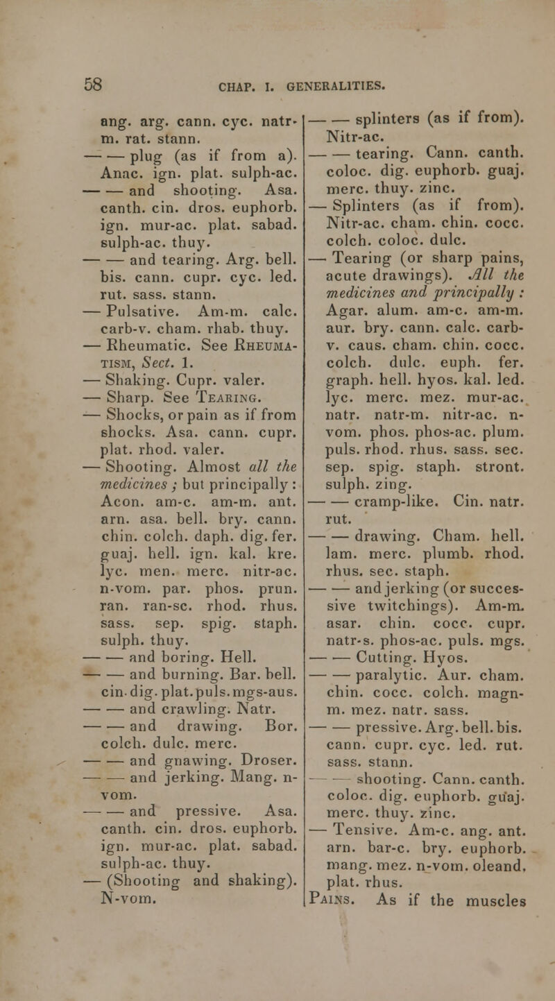 ang. arg. cann. eye. natr- m. rat. stann. plug (as if from a). Anac. ign. plat, sulph-ac. — and shooting. Asa. canth. cin. dros. euphorb. ign. mur-ac. plat, sabad. sulph-ac. thuy. — and tearing. Arg. bell, bis. cann. cupr. eye. led. rut. sass. stann. Pulsative. Am-m. calc. carb-v. cham. rhab. thuy. Rheumatic. See Rheuma- tism, Sect. 1. Shaking. Cupr. valer. Sharp. See Tearing. Shocks, or pain as if from shocks. Asa. cann. cupr. plat. rhod. valer. Shooting. Almost all the medicines ; but principally : Aeon. am-c. am-m. ant. am. asa. bell. bry. cann. chin, colch. daph. dig. fer. guaj. hell. ign. kal. kre. lyc. men. mere, nitr-ac. n-vom. par. phos. prun. ran. ran-sc. rhod. rhus. sass. sep. spig. staph, sulph. thuy. — and boring. Hell. — and burning. Bar. bell, ein- dig. plat. puis, mgs-aus. — and crawling. Natr. — and drawing. Bor. colch. dulc. mere. — and gnawing. Droser. — and jerking. Mang. n- vom. — and pressive. Asa. canth. ein. dros. euphorb. ign. mur-ac. plat, sabad. sulph-ac. thuy. (Shooting and shaking). N-vom. splinters (as if from). Nitr-ae. tearing. Cann. canth. eoloc. dig. euphorb. guaj. mere. thuy. zinc. — Splinters (as if from). Nitr-ac. cham. chin. eoce. colch. coloc. dulc. —• Tearing (or sharp pains, acute drawings). Jill the medicines and principally : Agar. alum. am-e. am-m. aur. bry. cann. calc. earb- V. caus. cham. chin. coee. colch. dulc. euph. fer. graph, hell. hyos. kal. led. lyc. mere. mez. mur-ae. natr. natr-m. nitr-ae. n- vom. phos. phos-ac. plum, puis. rhod. rhus. sass. see. sep. spig. staph, stront. sulph. zing. cramp-like. Cin. natr. rut. drawing. Cham. hell. lam. mere, plumb, rhod. rhus. sec. staph. and jerking (or succes- sive twitchings). Am-m. asar. chin. eocc. cupr. natr-s. phos-ac. puis. mgs. Cutting. Hyos. paralytic. Aur. cham. chin. eocc. colch. magn- m. mez. natr. sass. pressive. Arg. bell. bis. cann. cupr. eye. led. rut. sass. stann. shooting. Cann. canth. coloc. dig. euphorb. guaj. mere. thuy. zinc. — Tensive. Am-c. ang. ant. am. bar-c. bry. euphorb. mang. mez. n-vom. oleand. plat. rhus. Paix\s. As if the muscles