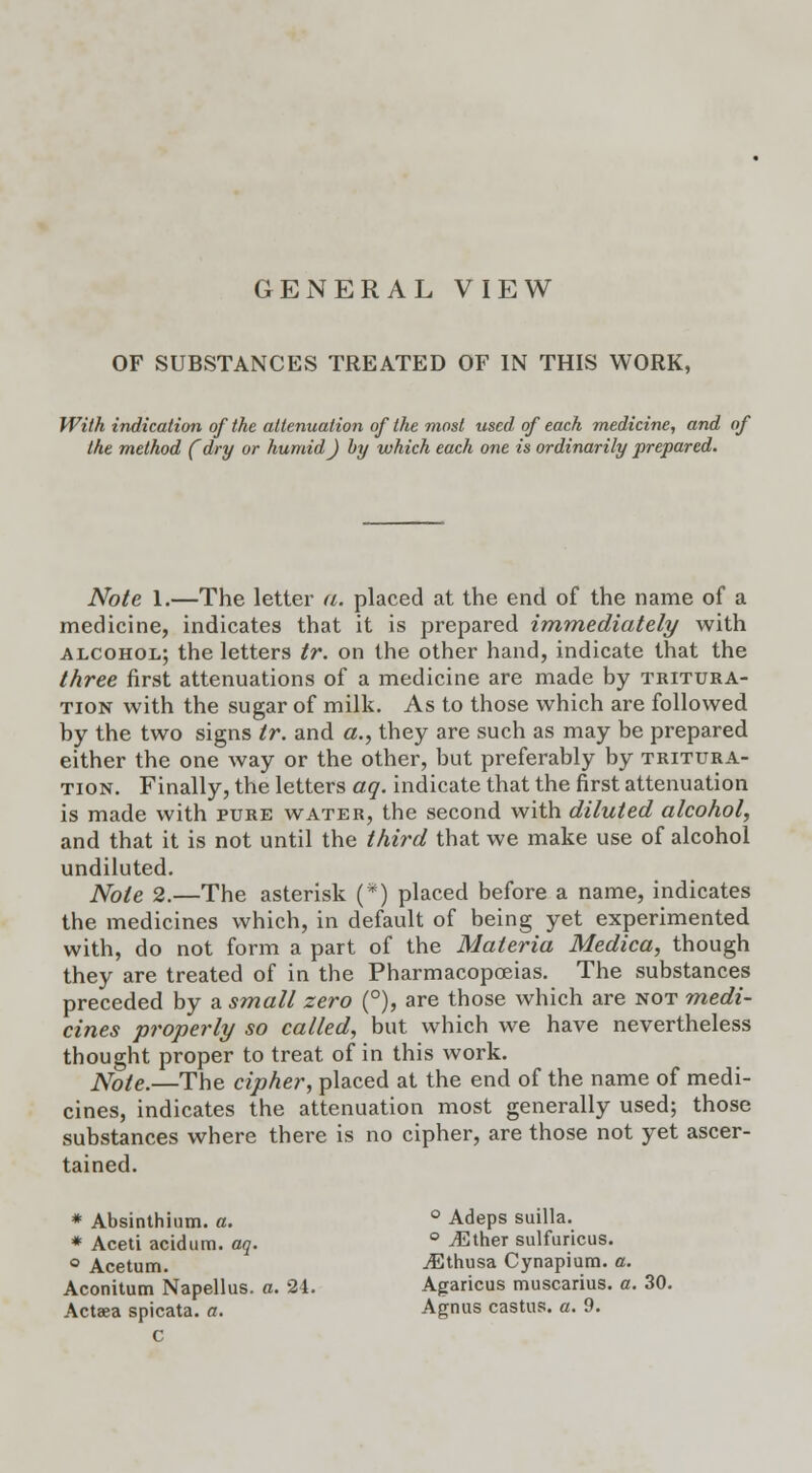 GENERAL VIEW OF SUBSTANCES TREATED OF IN THIS WORK, With indication of the attenuation of the most used of each medicine, and of the method (dry or humid J by which each one is ordinarily prepared. Note 1.—The letter a. placed at the end of the name of a medicine, indicates that it is prepared immediately with alcohol; the letters tr. on the other hand, indicate that the three first attenuations of a medicine are made by tritura- tion with the sugar of milk. As to those which are followed by the two signs tr. and a., they are such as may be prepared either the one way or the other, but preferably by tritura- tion. Finally, the letters aq. indicate that the first attenuation is made with pure water, the second with diluted alcohol, and that it is not until the third that we make use of alcohol undiluted. Note 2.—The asterisk (*) placed before a name, indicates the medicines which, in default of being yet experimented with, do not form a part of the Materia Medica, though they are treated of in the Pharmacopoeias. The substances preceded by a small zero (°), are those which are not medi- cines properly so called, but which we have nevertheless thought proper to treat of in this work. Note.—The cipher, placed at the end of the name of medi- cines, indicates the attenuation most generally used; those substances where there is no cipher, are those not yet ascer- tained. * Absinthium, a. ° Adeps suilla. * Aceti acidum. aq. ° ^Ether sulfuricus. o Acetum. jEthusa Cynapium. a. Aconitum Napellus. a. 24. Agaricus muscarius. a. 30. Aetata spicata. a. Agnus castus. a. 9. c