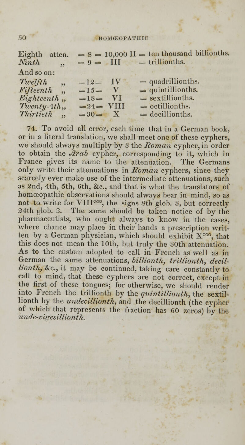 Eighth atten. Ninth „ And so on: Twelfth „ Fifteenth „ Eighteenth „ Twenty-4th „ Thirtieth „ 9 10,000 II = ten thousand billionths. Ill = trillionths. 12 = IV 15= V = 18= VI = 24 = VIII 30= X = quadrillionths. = quintillionths. = sextillionths. = octillionths. = decillionths. 74. To avoid all error, each time that in a German book, or in a literal translation, we shall meet one of these cyphers, we should always multiply by 3 the Roman cypher, in order to obtain the Arab cypher, corresponding to it, which in France gives its name to the attenuation. The Germans only write their attenuations in Roman cyphers, since they scarcely ever make use of the intermediate attenuations, such as 2nd, 4th, 5th, 6th, &c, and that is what the translators of homoeopathic observations should always bear in mind, so as not to write for VHP00, the signs 8th glob. 3, but correctly 24th glob. 3. The same should be taken notice of by the pharmaceutists, who ought always to know in the cases, where chance may place in their hands a prescription writ- ten by a German physician, which should exhibit X000, that this does not mean the 10th, but truly the 30th attenuation. As to the custom adopted to call in French as well as in German the same attenuations, billionth, trillionth, decil- lionth, &c, it may be continued, taking care constantly to call to mind, that these cyphers are not correct, except in the first of these tongues; for otherwise, we should render into French the trillionth by the quint illionth, the sextil- lionth by the undecillionth, and the decillionth (the cypher of which that represents the fraction has 60 zeros) by the unde-vigesillionth.