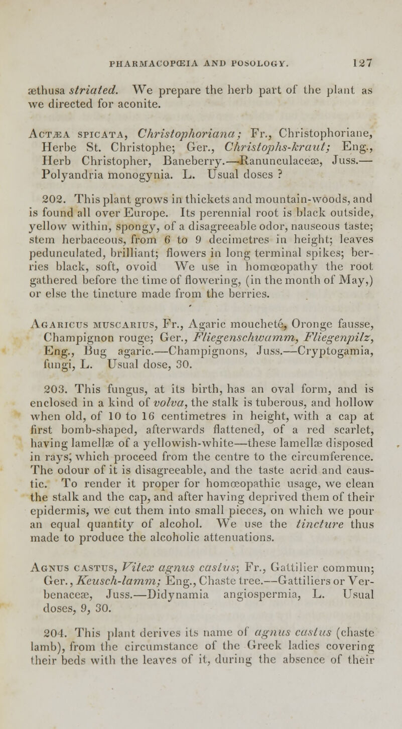 sethusa striated. We prepare the herb part of the plant as we directed for aconite. Actjea spicata, Christ ophoriana; Fr., Christophoriane, Herbe St. Christophe; Ger., Christophs-kraut; Eng., Herb Christopher, Baneberry.—-Ranunculaceae, Juss.— Polyandria monogynia. L. Usual doses ? 202. This plant grows in thickets and mountain-woods, and is found all over Europe. Its perennial root is black outside, yellow within, spongy, of a disagreeable odor, nauseous taste; stem herbaceous, from 6 to 9 decimetres in height; leaves pedunculated, brilliant; flowers in long terminal spikes; ber- ries black, soft, ovoid We use in homoeopathy the root gathered before the time of flowering, (in the month of May,) or else the tincture made from the berries. Agaricus muscarius, Fr., Agaric mouchete, Oronge fausse, Champignon rouge; Ger., Fliegenschwamm, Fliegenpitz, Eng., Bug agaric.—Champignons, Juss.—Cryptogamia, fungi, L. Usual dose, 30. 203. This fungus, at its birth, has an oval form, and is enclosed in a kind of volva, the stalk is tuberous, and hollow when old, of 10 to 16 centimetres in height, with a cap at first bomb-shaped, afterwards flattened, of a red scarlet, having lamella; of a yellowish-white—these lamellae disposed in rays; which proceed from the centre to the circumference. The odour of it is disagreeable, and the taste acrid and caus- tic. To render it proper for homoeopathic usage, we clean the stalk and the cap, and after having deprived them of their epidermis, we cut them into small pieces, on which we pour an equal quantity of alcohol. We use the tincture thus made to produce the alcoholic attenuations. Agnus castus, Vitex agnus castvs; Fr., Gattilier commun; Ger., Kcusch-lamm; Eng., Chaste tree.—Gattiliers or Ver- benaceae, Juss.—Didynamia angiospcrmia, L. Usual doses, 9, 30. 204. This plant derives its name of agnus castas (cbastc lamb), from the circumstance of the Greek ladies covering their beds with the leaves of it, during the absence of their
