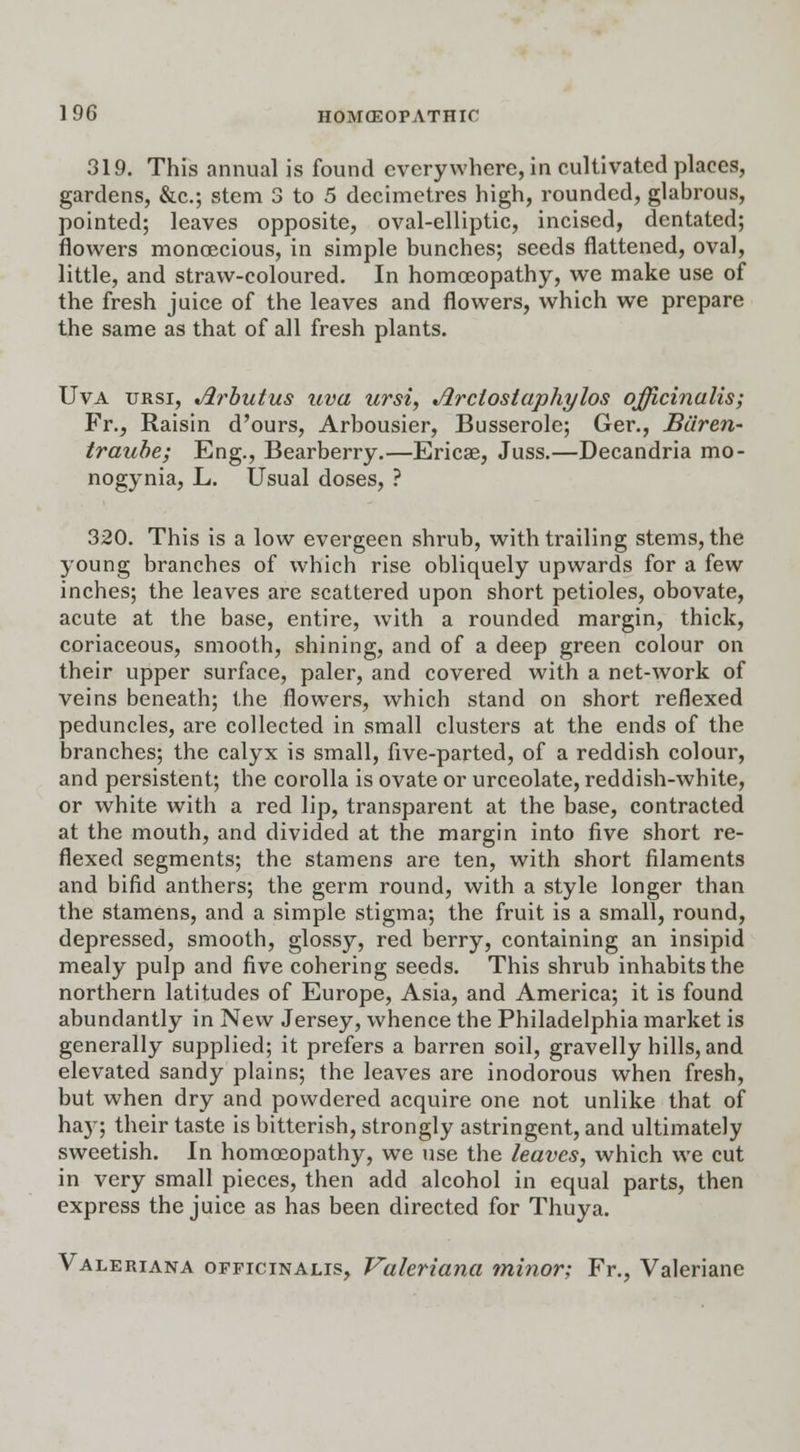 319. This annual is found everywhere, in cultivated places, gardens, &c; stem 3 to 5 decimetres high, rounded, glabrous, pointed; leaves opposite, oval-elliptic, incised, dentated; flowers monoecious, in simple bunches; seeds flattened, oval, little, and straw-coloured. In homoeopathy, we make use of the fresh juice of the leaves and flowers, which we prepare the same as that of all fresh plants. Uva ursi, Arbutus uva ursi, Jlrclostaphylos officinalis; Fr., Raisin d'ours, Arbousier, Busserole; Ger., Ba'ren- traube; Eng., Bearberry.—Ericae, Juss.—Decandria mo- nogynia, L. Usual doses, ? 320. This is a low evergeen shrub, with trailing stems, the young branches of which rise obliquely upwards for a few inches; the leaves are scattered upon short petioles, obovate, acute at the base, entire, with a rounded margin, thick, coriaceous, smooth, shining, and of a deep green colour on their upper surface, paler, and covered with a net-work of veins beneath; the flowers, which stand on short reflexed peduncles, are collected in small clusters at the ends of the branches; the calyx is small, five-parted, of a reddish colour, and persistent; the corolla is ovate or urceolate, reddish-white, or white with a red lip, transparent at the base, contracted at the mouth, and divided at the margin into five short re- flexed segments; the stamens are ten, with short filaments and bifid anthers; the germ round, with a style longer than the stamens, and a simple stigma; the fruit is a small, round, depressed, smooth, glossy, red berry, containing an insipid mealy pulp and five cohering seeds. This shrub inhabits the northern latitudes of Europe, Asia, and America; it is found abundantly in New Jersey, whence the Philadelphia market is generally supplied; it prefers a barren soil, gravelly hills, and elevated sandy plains; the leaves are inodorous when fresh, but when dry and powdered acquire one not unlike that of ha}-; their taste is bitterish, strongly astringent, and ultimately sweetish. In homoeopathy, we use the leaves, which we cut in very small pieces, then add alcohol in equal parts, then express the juice as has been directed for Thuya. Valeriana officinalis, Valeriana minor; Fr., Valeriane