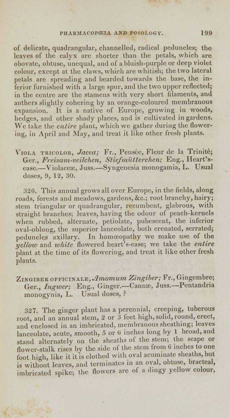 of delicate, quadrangular, channelled, radical peduncles; the leaves of the calyx are shorter than the petals, which are obovatc, obtuse, unequal, and of a bluish-purple or deep violet colour, except at the claws, which are whitish; the two lateral petals are spreading and bearded towards the base, the in- ferior furnished with a large spur, and the two upper reflected; in the centre are the stamens with very short filaments, and anthers slightly cohering by an orange-coloured membranous expansion. It is a native of Europe, growing in woods, hedges, and other shady places, and is cultivated in gardens. We take the entire plant, which we gather during the flower- ing, in April and May, and treat it like other fresh plants. Viola tricolor, Jacea; Fr., Pensee, Fleur de la Trinite; Ger., Freisam-veilchen, Stiefmutterchen; Eng., Heart's- ease.—Violaceae, Juss.—Syngenesia monogamia, L. Usual doses, 9, 12, 30. 326. This annual grows all over Europe, in the fields, along roads, forests and meadows, gardens, &c; root branchy, hairy; stem triangular or quadrangular, recumbent, glabrous, with straight branches; leaves, having the odour of peach-kernels when rubbed, alternate, petiolate, pubescent, the inferior oval-oblong, the superior lanceolate, both crenated, serrated; peduncles axillary. In homoeopathy we make use of the yellow and white flowered heart's-ease; we take the entire plant at the time of its flowering, and treat it like other fresh plants. Zingiber officinale, Jlmomum Zingiber; Fr., Gingembre; Ger., Ingiver; Eng., Ginger.—Cannae, Juss.—Pentandria monogynia, L. Usual doses, ? 327. The ginger plant has a perennial, creeping, tuberous root, and an annual stem, 2 or 3 feet high, solid, round, erect, and enclosed in an imbricated, membranous sheathing; leaves lanceolate, acute, smooth, 5 or 6 inches long by 1 broad, and stand alternately on the sheaths of the stem; the scape or flower-stalk rises by the side of the stem from 6 inches to one foot high, like it it is clothed with oval acuminate sheaths, but is without leaves, and terminates in an oval, obtuse, bracteal, imbricated spike; the flowers are of a dingy yellow colour,