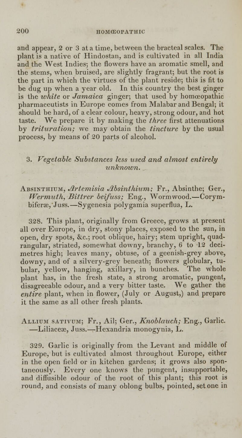 and appear, 2 or 3 at a time, between the bracteal scales. The plant is a native of Hindostan, and is cultivated in all India and the West Indies; the flowers have an aromatic smell, and the stems, when bruised, are slightly fragrant; but the root is the part in which the virtues of the plant reside; this is fit to be dug up when a year old. In this country the best ginger is the white or Jamaica ginger; that used by homoeopathic pharmaceutists in Europe comes from Malabar and Bengal; it should be hard, of a clear colour, heavy, strong odour, and hot taste. We prepare it by making the three first attenuations by trituration; we may obtain the tincture by the usual process, by means of 20 parts of alcohol. Vegetable Substances less used and almost entirely unknown. Absinthium, Artemisia Absinthium; Fr., Absinthe; Ger., fVermuth, Bittrer beifuss; Eng., Wormwood.—Corym- biferse,'Juss.—Sygenesia polygamia superflua, L. 328. This plant, originally from Greece, grows at present all over Europe, in dry, stony places, exposed to the sun, in open, dry spots, &c; root oblique, hairy; stem upright, quad- rangular, striated, somewhat downy, branchy, 6 to 12 deci- metres high; leaves many, obtuse, of a geenish-grey above, downy, and of a silvery-grey beneath; flowers globular, tu- bular, yellow, hanging, axillary, in bunches. The whole plant has, in the fresh state, a strong aromatic, pungent, disagreeable odour, and a very bitter taste. We gather the entire plant, when in flower, (July or August,) and prepare it the same as all other fresh plants. Allium sativum; Fr., Ail; Ger., Knoblauch; Eng., Garlic. —Liliaceae, Juss.—Hexandria monogynia, L. 329. Garlic is originally from the Levant and middle of Europe, but is cultivated almost throughout Europe, either in the open field or in kitchen gardens; it grows also spon- taneously. Every one knows the pungent, insupportable, and diffusible odour of the root of this plant; this root is round, and consists of many oblong bulbs, pointed, set one in
