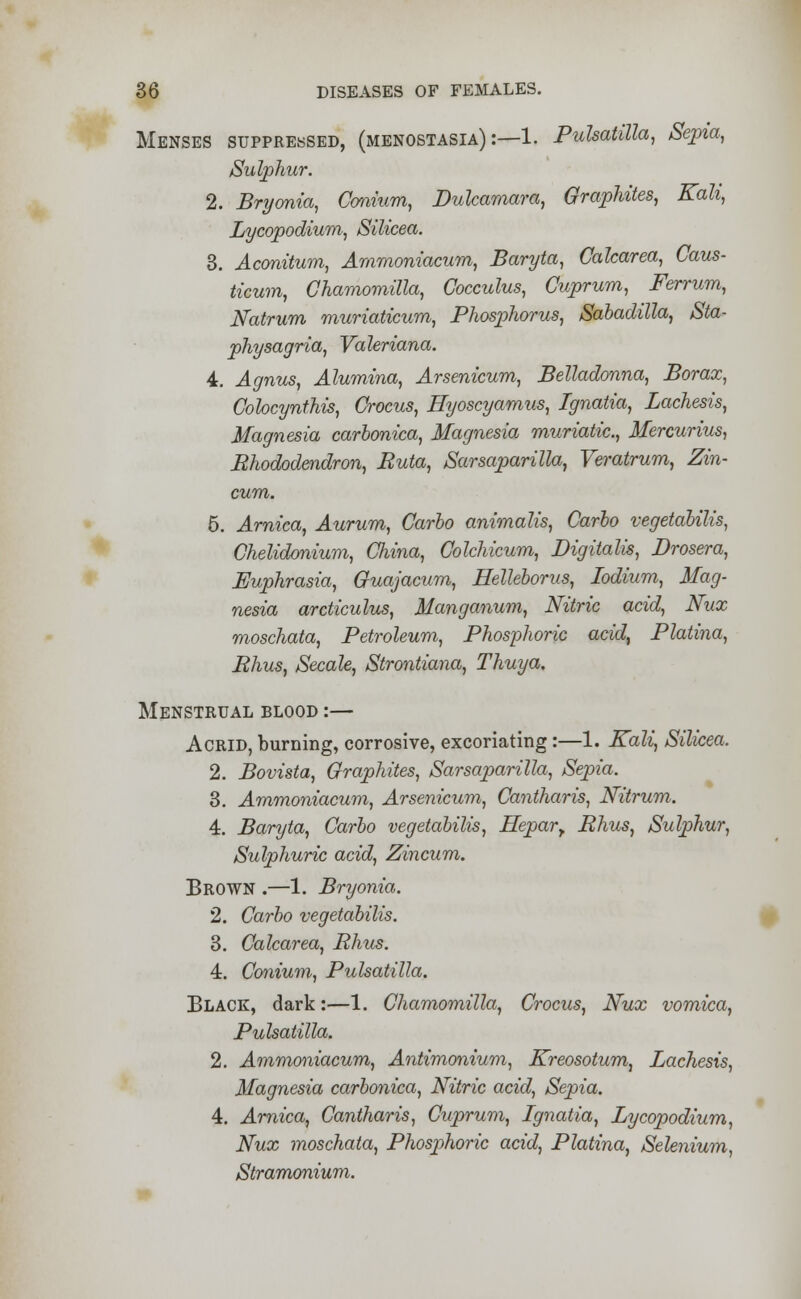 Menses suppressed, (menostasia) :—1. Pulsatilla, Sepia, Sulphur. 2. Bryonia, Conium, Dulcamara, Graphites, Kali, Lycopodium, Silicea. 3. Aconitum, Arnmoniacum, Baryta, Calcarea, Caus- ticum, Chamomilla, Cocculus, Cuprum, Ferrum, Natrum muriaticum, Phosphorus, Sabadilla, Sta- physagria, Valeriana. 4. Agnus, Alumina, Arsenicum, Belladonna, Borax, Cohcynthis, Crocus, Hyoscyamus, Ignatia, Lachesis, Magnesia carbonica, Magnesia muriatic, Mercurius, Rhododendron, Ruta, Sarsaparilla, Veratrum, Zin- cum. 5. Arnica, Aurum, Carlo animalis, Carlo vegetabilis, Chelidonium, China, Colchicum, Digitalis, Drosera, Euphrasia, Guajacum, Hellelorus, Iodium, Mag- nesia arcticulus, Manganum, Nitric acid, Nux moschata, Petroleum, Phosphoric acid, Platina, Rhus, Secale, Strontiana, Thuya. Menstrual blood :— Acrid, burning, corrosive, excoriating:—1. Kali, Silicea. 2. Bovista, Graphites, Sarsaparilla, Sepia. 3. Arnmoniacum, Arsenicum, Cantharis, Nitrum. 4. Baryta, Carlo vegetalilis, Hepart Rhus, Sulphur, Sulphuric acid, Zincum. Brown .—1. Bryonia. 2. Carlo vegetalilis. 3. Calcarea, Rhus. 4. Conium, Pulsatilla. Black, dark:—1. Chamomilla, Crocus, Nux vomica, Pulsatilla. 2. Arnmoniacum, Antimonium, Kreosotum, Lachesis, Magnesia carbonica, Nitric acid, Sepia. 4. Arnica, Cantharis, Cuprum, Ignatia, Lycopodium, Nux moschata, Phosphoric acid, Platina, Selenium, Stramonium.