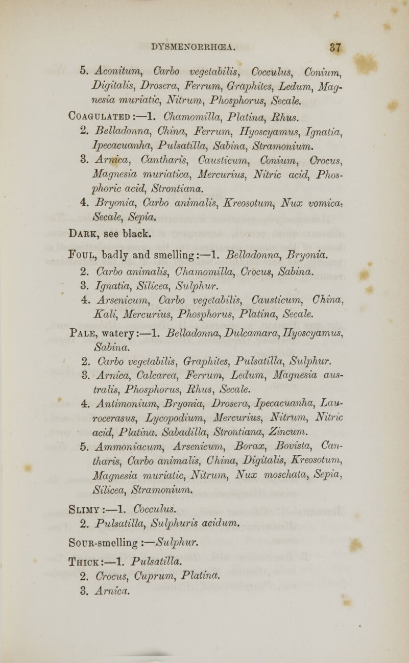 5. Aconitum, Carlo vegetabilis, Cocculus, Conium, Digitalis, Drosera, Ferrum, Graphites, Ledum, Mag- nesia muriatic, Nitrum, Phosphorus, Secale. Coagulated :—1. Chamomilla, Platina, Rhus. 2. Belladonna, China, Ferrum, Hyoscyarnus, Ignatia, Ipecacuanha, Pulsatilla, Sabina, Stramonium. 3. Arnica, Cantharis, Causticum, Conium, Crocus, Magnesia muriatica, Mercurius, Nitric acid, Phos- phoric acid, Strontiana. 4. Bryonia, Carlo animalis, Kreosotum, Nux vomica, Secale, Sepia. Dark, see black. Foul, badly and smelling:—1. Belladonna, Bryonia. 2. Carlo animalis, Chamomilla, Crocus, Sabina. 3. Ignatia, Silicea, Sulphur. 4. Arsenicum, Carlo vegetabilis, Causticum, China, Kali, Mercurius, Phosphorus, Platina, Secale. Pale, watery:—1. Belladonna, Dulcamara,Hyoscyarnus, Salina. 2. Carlo vegetabilis, Graphites, Pulsatilla, Sulphur. 3. Arnica, Calcarea, Ferrum, Ledum, Magnesia aus- tralis, Phosphorus, Rhus, Secale. 4. Antimonium, Bryonia, Drosera, Ipecacuanha, Lau- rocerasus, Lycopodium, Mercurius, Nitrum, Nitric acid, Platina. Saladilla, Strontiana, Zincum. 5. Ammoniacum, Arsenicum, Borax, Bovista, Can- tharis, Carlo animalis, China, Digitalis, Kreosotum, Magnesia muriatic, Nitrum, Nux moschata, Sepia, Silicea, Stramonium. Slimy :—1. Cocculus. 2. Pulsatilla, Sulphuris acidum. SouR-smelling :—Sulphur. Thick:—1. Pulsatilla. 2. Crocus, Cuprum, Platina. 3. Arnica.
