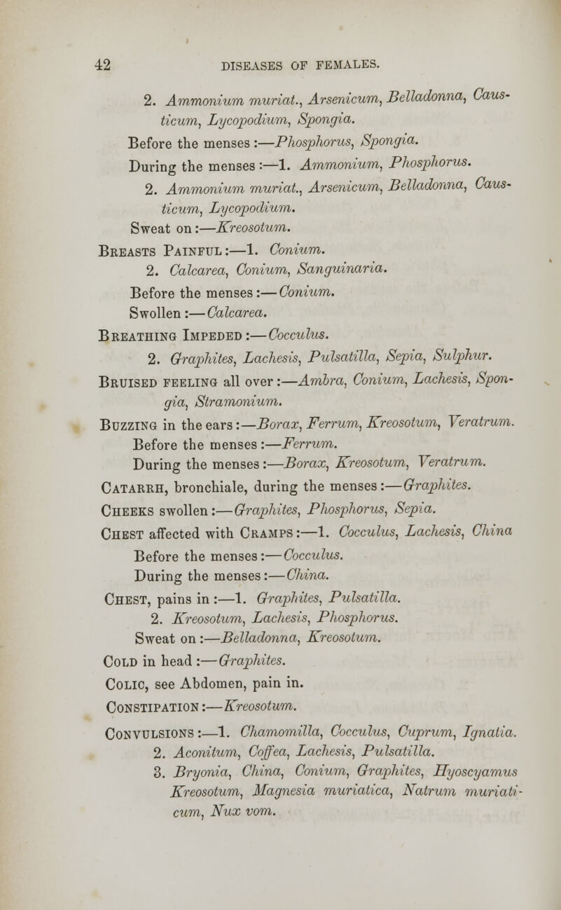 2. Ammonium muriat, Arsenicum, Belladonna, Caus- ticum, Lycopodium, Spongia. Before the menses :—Phosphorus, Spongia. During the menses :—1. Ammonium, Phosphorus. 2. Ammonium muriat, Arsenicum, Belladonna, Caus- ticum, Lycopodium. Sweat on:—Kreosotum. Breasts Painful:—1. Conium. 2. Calcarea, Conium, Sanguinaria. Before the menses:—Conium. Swollen:—Calcarea. Breathing Impeded:—Cocculus. 2. Graphites, Lachesis, Pulsatilla, Sepia, Sulphur. Bruised feeling all over:—Amhra, Conium, Lachesis, Spon- gia, Stramonium. Buzzing in the ears:— Borax, Ferrum, Kreosotum, Veratrum. Before the menses :—Ferrum. During the menses:—Borax, Kreosotum, Veratrum. Catarrh, bronchiale, during the menses:—Graphites. Cheeks swollen:—Graphites, Phosphorus, Sepia. Chest affected with Cramps:—1. Cocculus, Lachesis, China Before the menses:—Cocculus. During the menses:—China. Chest, pains in :—1. Graphites, Pulsatilla. 2. Kreosotum, Lachesis, Phosphorus. Sweat on :—Belladonna, Kreosotum. Cold in head :—Graphites. Colic, see Abdomen, pain in. Constipation :—Kreosotum. Convulsions :—1. Chamomilla, Cocculus, Cuprum, Ignalia. 2. Aconitum, Coffea, Lachesis, Pulsatilla. 3. Bryonia, China, Conium, Graphites, Hyoscyamus Kreosotum, Magnesia muriatica, Natrum muriati- cum, Nux vom.