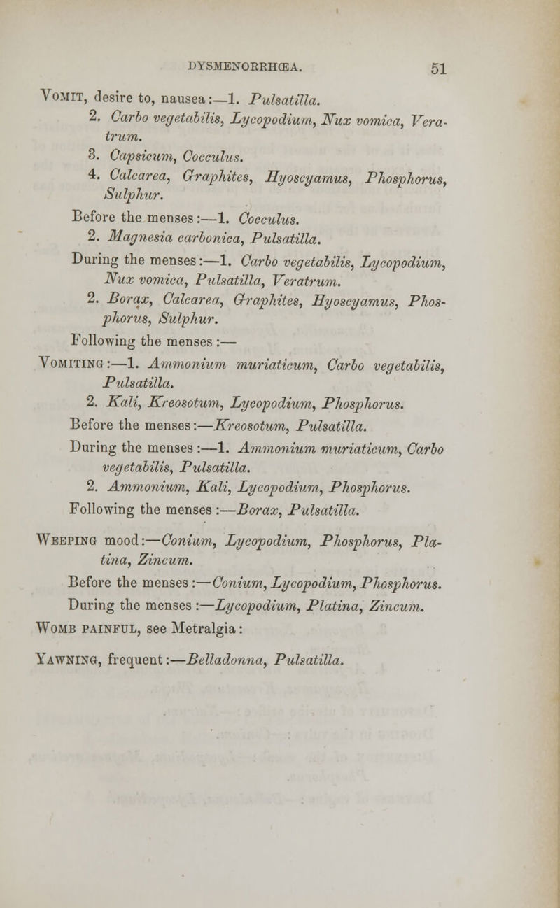 Vomit, desire to, nausea:—1. Pulsatilla. 2. Carlo vegetalilis, Lycopodium, Nux vomica, Vera- trum. 3. Capsicum, Cocculus. 4. Calcarea, Graphites, Eyoscyamus, Phosphorus, Sulphur. Before the menses:—1. Cocculus. 2. Magnesia carbonica, Pulsatilla. During the menses:—1. Carlo vegetalilis, Lycopodium, Nux vomica, Pulsatilla, Veratrum. 2. Borax, Calcarea, G-raphites, Eyoscyamus, Phos- phorus, Sulphur. Following the menses :— Vomiting:—1. Ammonium muriaticum, Carlo vegetalilis, Pulsatilla. 2. Kali, Kreosotum, Lycopodium, Phosphorus. Before the menses:—Kreosotum, Pulsatilla. During the menses :—1. Ammonium muriaticum, Carlo vegetalilis, Pulsatilla. 2. Ammonium, Kali, Lycopodium, Phosphorus. Following the menses :—Borax, Pulsatilla. Weeping mood:—Conium, Lycopodium, Phosphorus, Pla- tina, Zincum. Before the menses :—Conium, Lycopodium, Phosphorus. During the menses :—Lycopodium, Platina, Zincum. Womb painful, see Metralgia: Yawning, frequent:—Belladonna, Pulsatilla.