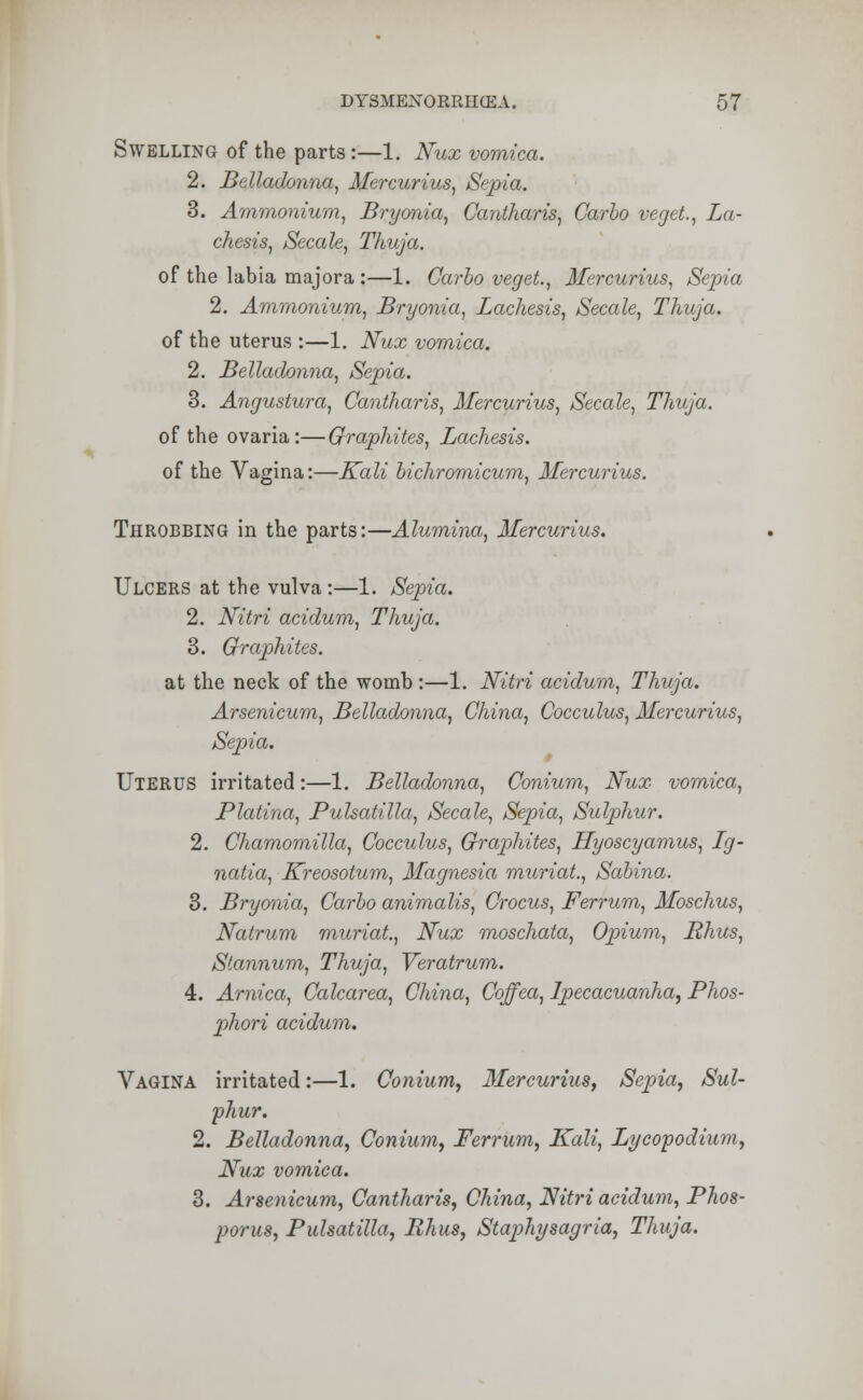 Swelling of the parts:—1. Nux vomica. 2. Belladonna, Mercurius, Sepia. 3. Ammonium, Bryonia, Caniharis, Carlo veget., La- chesis, Secale, Thuja. of the labia majora :—1. Carbo veget., Mercurius, Sepia 2. Ammonium, Bryonia, Lachesis, Secale, Thuja. of the uterus :—1. Nux vomica. 2. Belladonna, Sepia. 3. Angustura, Cantharis, Mercurius, Secale, Thuja. of the ovaria:—Graphites, Lachesis. of the Vagina:—Kali bichromicum, Mercurius. Throbbing in the parts:—Alumina, Mercurius. Ulcers at the vulva:—1. Sepia. 2. Nitri acidum, Thuja. 3. Graphites. at the neck of the womb :—1. Nitri acidum, Thuja. Arsenicum, Belladonna, China, Cocculus, Mercurius, Sepia. Uterus irritated:—1. Belladonna, Conium, Nux vomica, Platina, Pulsatilla, Secale, Sepia, Sulphur. 2. Chamomilla, Cocculus, Graphites, Hyoscyamus, Ig- natia, Kreosotum, Magnesia muriat., Sabina. 3. Bryonia, Carbo animalis, Crocus, Ferrum, Moschus, Natrum muriat., Nux moschata, Opium, Rhus, Slannum, Thuja, Veratrum. 4. Arnica, Calcarea, China, Coffea, Ipecacuanha, Phos- phori acidum. Vagina irritated:—1. Conium, Mercurius, Sepia, Sul- phur. 2. Belladonna, Conium, Ferrum, Kali, Lycopodium, Nux vomica. 3. Arsenicum, Cantharis, China, Nitri acidum, Phos- porus, Pulsatilla, Bhus, Staphysagria, Thuja.