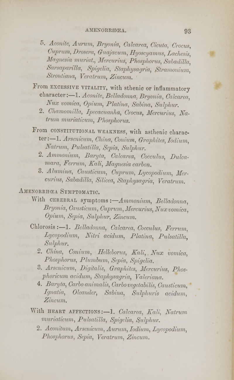 5. Aconite, Aurum, Bryonia, Calcarea, Cicuta, Crocus, Cuprum, Drosera, Guajacum, Hyoscyamus, Lachesis, Magnesia mwriat., Mercurius, Phosphorus, Sabadilla, Sarsaparilla, Spigelia, Staphysagria, Stramonium, Strontiana, Veratrum, Zincum. From excessive vitality, with sthenic or inflammatory character:—1. Aconite, Belladonna, Bryonia, Calcarea, Nux vomica, Opium, Platina, Sahina, Sulphur. 2. Chamomilla, Ipecacuanha, Crocus, Mercurius, Na- trum muriaticum, Phosphorus. Prom constitutional weakness, with asthenic charac- ter:—!. Arsenicum, China, Conium, Graphites, Iodium, Natrum, Pulsatilla, Sepia, Sulphur. 2. Ammonium, Baryta, Calcarea, Cocculus, Dulca- mara, Ferrum, Kali, Magnesia carbon. 3. Alumina, Causticum, Cuprum, Lycopodium, Mer- curius, Sabadilla, Silicea, Staphysagria, Veratrum. Amenorrhea Symptomatic. With cerebral symptoms :—Ammonium, Belladonna, Bryonia, Causticum, Cuprum, Mercurius, Nux vomica, Opium, Sepia, Sulphur, Zincum. Chlorosis :—1. Belladonna, Calcarea, Cocculus, Ferrum, Lycopodium, Nitri acidum, Platina, Pulsatilla, Su Iphur. 2. China, Conium, Helleborus, Kali, Nux vomica, Phosphorus, Plumbum, Sepia, Spigelia. 3. Arsenicum, Digitalis, Graphites, Mercurius, Phos- phoricum acidum, Staphysagria, Valeriana. 4. Baryta, Carbo animalis, Carbo vegetabilis, Causticum, Ijnatia, Oleander, Sabina, Sulphuris acidum, Zincum. With heart affections:—1. Calcarea, Kali, Natrum muriaticum, Pulsatilla, Spigelia, Sulphur. 2. Aconitum, Arsenicum, Aurum, Iodium, Lycopodium, Phosphorus, Sepia, Vercdrum, Zincum.