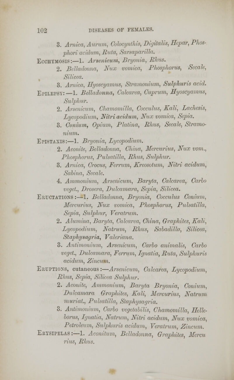 3. Arnica, Aurum, Oohcynthis, Digitalis, Ilepar, Phos- phori acidum, R> ilia, Ecchymosis:—1. Arsenicum, Bryonia, Rhus. 2. Belladonna, Nux vomica, Phosphorus, Secale, Silicea. 3. Arnica, Ilyoscyamus, Stramonium, Sulphuris arid. Epilepsy:—1. Belladonna, Calcarea, Cuprum, Ilyoscyamus, Sulphur. 2. Arsenicum, Chamomilla, Cocculus, Kali, Lachcsis, Lycopodium, Nitri acidum, Nux vomica, Sepia. 3. Conium, Opium, Platina, Rhus, Secale, Stramo- nium. Epistaxis:—1. Bryonia, Lycopodium. 2. Aconite, Belladonna, China, Mercurius, Nux vom., Phosphorus, Pulsatilla, Rhus, Sulphur. 3. Arnica, Crocus, Ferrum, Kreosotum, Nitri acidum, Sabina, Secale. 4. Ammonium, Arsenicum, Baryta, Calcarea, Carlo veget., Drosera, Dulcamara, Sepia, Silicea. Eructations:—1. Belladonna, Bryonia, Cocculus Conium, Mercurius, Nux vomica, Phosphorus, Pulsatilla, Sepia, Sulphur, Veratrum. 2. Alumina, Baryta, Calcarea, China, Graphites, Kali, Lycopodium, Natrum, Rhus, Sabadilla, Silicea, Staphysagria, Valeriana. 3. Antimonium, Arsenicum, Carlo animalis, Carlo veget., Dulcamara, Ferrum, Ignatia, Ruta, Sulphuris acidum, Zincum. Eruptions, cutaneous:—Arsenicum, Calcarea, Lycopodium, Rhus, Sepia, Silicea Sulphur. 2. Aconite, Ammonium, Baryta Bryonia, Conium, Dulcamara Graphites, Kali, Mercurius, Natrum muriat., Pulsatilla, Staphysagria. 3. Ardimonium, Carlo vegetalilis, Chamomilla, Belle- lorus, Ignatia, Natrum, Nitri acidum, Nux vomica, Petroleum, Sulphuris acidum, Veratrum, Zincum. Erysipelas:—1. Aconitum, Belladonna, Graphites, Mercu rius, Rhus.