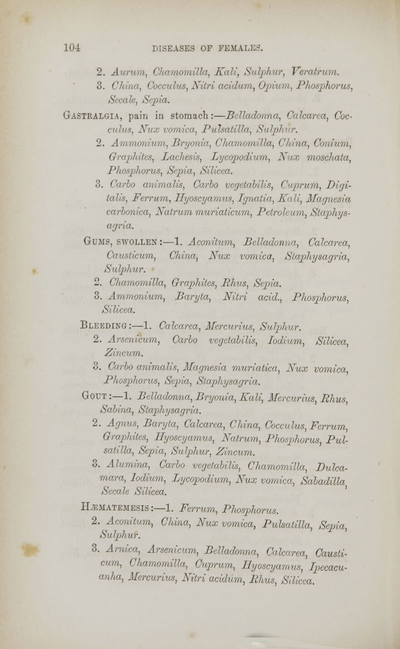 2. Aurum, Chamomilla, Kali, Sulphur, Veratrum. 3. China, Cocculus, Nitri acidum, Opium, Phosphorus, Secale, Sepia. Gastralgia, pain in stomach:—Belladonna, Calcarea, Coc- culus, Nux vomica, Pulsatilla, Sulphur. 2. Ammonium, Bryonia, Chamomilla, China, Conium, Graphites, Lachesis, Lycopodium, Nux moschata, Phosphorus, Sepia, Silicea. 3. Carlo animal is, Carlo vegetahilis, Cuprum, Digi- talis, Ferrum, Tlyoscyamus, Tgnatia, Kali, Magnesia carhonica, Natrum muriaticum, Petroleum, Staphys- agria. Gums, swollen :—1. Aconitum, Belladonna, Calcarea, Causticum, China, Nux vomica, Staphysagria, Sulphur. 2. Chamomilla, Graphites, Rhus, Sepia. 3. Ammonium, Baryta, Nitri acid., Phosphorus, Silicea. Bleeding:—1. Calcarea, Mercurius, Sulphur. 2. Arsenicum, Carlo vegetahilis, lodium, Silicea, Zincum. 3. Carlo animalis, Magnesia muriatica, Nux vomica, Phosphorus, Sepia, Staphysagria. Gout:—1. Belladonna,Bryonia, Kali, Mercurius, Rhus, Salina, Staphysagria. 2. Agnus, Baryta, Calcarea, China, Cocculus, Ferrum, Graphites, Hyoscyamus, Natrum, Phosphorus, Pul- satilla, Sepia, Sulphur, Zincum. 3. Alumina, Carlo vegetahilis, Chamomilla, Dulca- mara, lodium, Lycopodium, Nux vomica, Saladilla Secale Silicea. ELasMATEMBSlS:—1. Ferrum, Phosphorus. 2. Aconitum, China, Nux vomica, Pulsatilla, Sepia, Sulphur. 3. Arnica, Arsenicum, Belladonna, Calcarea, Causti- cum, Chamomilla, Cuprum, Hyoscyamus, Ipecacu- anha, Mercurius, Nitri acidum, Rhus, Silicea.