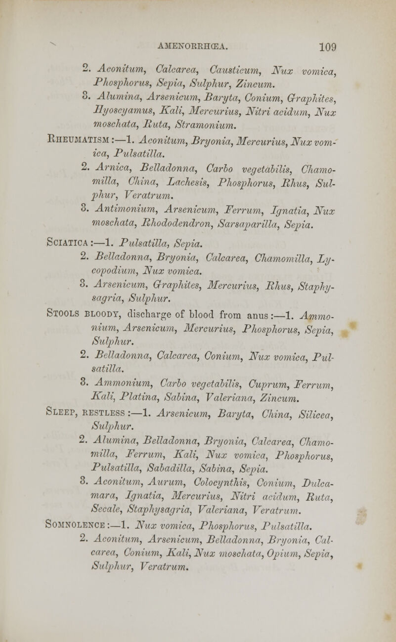 2. Aconitum, Calcarea, Causticum, Nux vomica, Phosphorus, Sepia, Sulphur, Zincum. 8. Alumina, Arsenicum, Baryta, Oonium, Graphites, Byoscyamus, Kali, Mercurius, Nitri acidum, Nux moschata, Rata, Stramonium. Rheumatism :—1. Aconitum, Bryonia, Mercurius, Nux vom- ica, Pulsatilla. 2. Arnica, Belladonna, Carlo vegetabilis, Chamo- milla, China, Lachesis, Phosphorus, Rhus, Sul- phur, Veratrum. 3. Antimonium, Arsenicum, Ferrum, Ignatia, Nux moschata, Rhododendron, Sarsaparilla, Sepia. Sciatica :—1. Pulsatilla, Sepia. 2. Belladonna, Bryonia, Calcarea, Chamomilla, Ly- copodium, Nux vomica. 3. Arsenicum, Graphites, Mercurius, Rhus, Staphy- sagria, Sulphur. Stools bloody, discharge of blood from anus:—1. Ammo- nium, Arsenicum, Mercurius, Phosphorus, Sepia, Sulphur. 2. Belladonna, Calcarea, Conium, Nux vomica, Pul- satilla. 3. Ammonium, Carlo vegetalilis, Cuprum, Ferrum, Kali, Platina, Salina, Valeriana, Zincum. Sleep, restless :—1. Arsenicum, Baryta, China, Silicea, Sulphur. 2. Alumina, Belladonna, Bryonia, Calcarea, Chamo- milla, Ferrum, Kali, Nux vomica, Phosphorus, Pulsatilla, Saladilla, Salina, Sepia. 3. Aconitum, Aurum, Colocynthis, Conium, Dulca- mara, Ignatia, Mercurius, Nitri acidum, Ruta, Secale, Staphysagria, Valeriana, Veratrum. Somnolence:—1. Nux vomica, Phosphorus, Pulsatilla. 2. Aconitum, Arsenicum, Belladonna, Bryonia, Cal- carea, Conium, Kali, Nux moschata, Opium, Sepia, Sulphur, Veratrum.