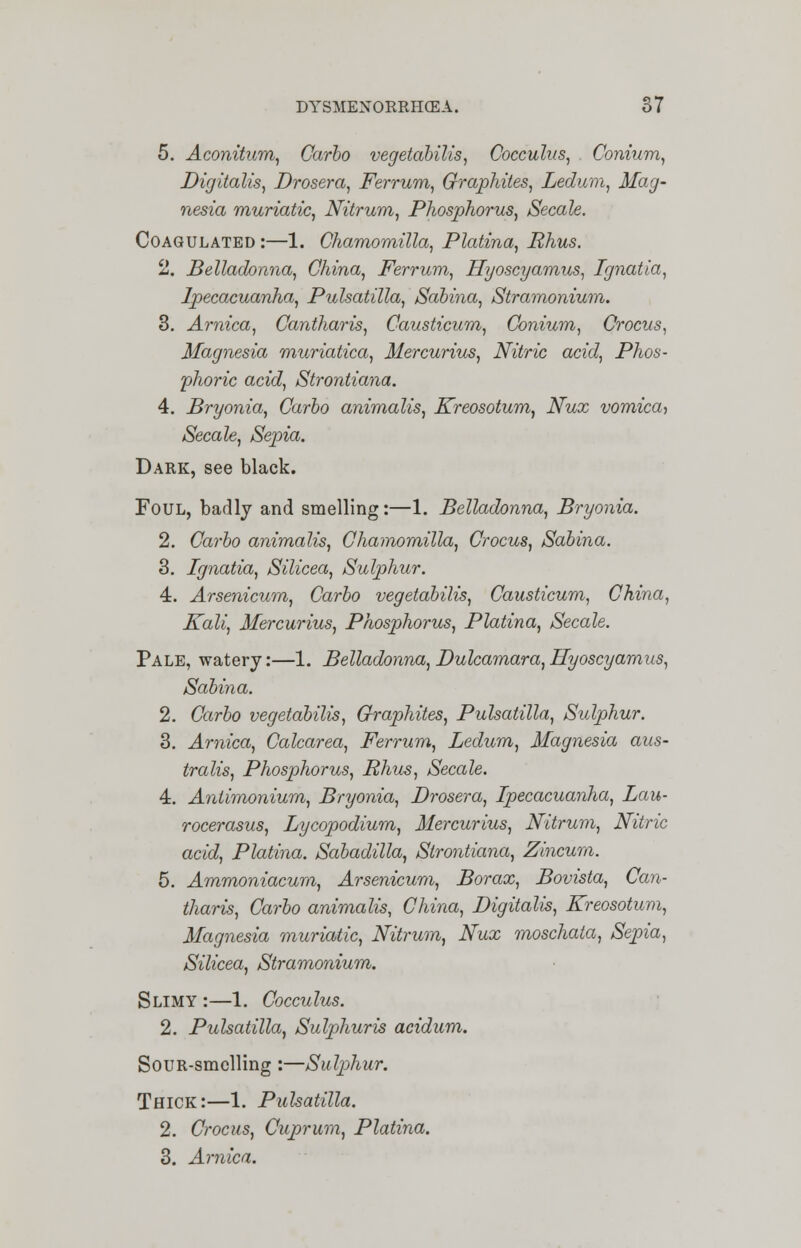 5. Aconitum, Carlo vegetabilis, Cocculus, Conium, Digitalis, Drosera, Ferrum, Graphites, Ledum, Mag- nesia muriatic, Nitrum, Phosphorus, Secale. Coagulated:—1. Chamomilla, Platina, Rhus. 2. Belladonna, China, Ferrum, Hyoscyamus, Ignatia, Ipecacuanha, Pulsatilla, Sabina, Stramonium. 3. Arnica, Cantharis, Causticum, Conium, Crocus, Magnesia muriatica, Mercurius, Nitric acid, Phos- phoric acid, Strontiana. 4. Bryonia, Carbo animalis, Kreosotum, Nux vomica-, Secale, Sepia. Dark, see black. Foul, badly and smelling:—1. Belladonna, Bryonia. 2. Carbo animalis, Chamomilla, Crocus, Sabina. 3. Ignatia, Silicea, Sulphur. 4. Arsenicum, Carbo vegetabilis, Causticum, China, Kali, Mercurius, Phosphorus, Platina, Secale. Pale, watery:—1. Belladonna, Dulcamara, Hyoscyamus, Sabina. 2. Carbo vegetabilis, Graphites, Pulsatilla, Sulphur. 3. Arnica, Calcarea, Ferrum, Ledum, Magnesia aus- tralis, Phosphorus, Rhus, Secale. 4. Anlimonium, Bryonia, Drosera, Ipecacuanha, Lau- rocerasus, Lycopodium, Mercurius, Nitrum, Nitric acid, Platina. Sabadilla, Strontiana, Zincum. 5. Ammoniacum, Arsenicum, Borax, Bovista, Can- tharis, Carbo animalis, China, Digitalis, Kreosotum, Magnesia muriatic, Nitrum, Nux moschata, Sepia, Silicea, Stramonium. Slimy :—1. Cocculus. 2. Pulsatilla, Sulphuris acidum. SouR-smclling :—Sulphur. Thick:—1. Pulsatilla. 2. Crocus, Cuprum, Platina. 3. Arnica.