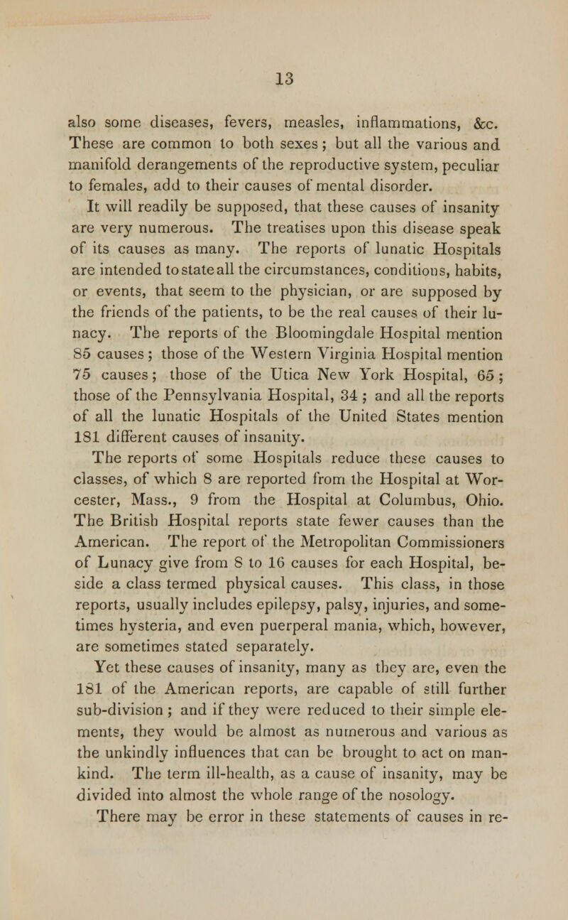 also some diseases, fevers, measles, inflammations, &c. These are common to both sexes; but all the various and manifold derangements of the reproductive system, peculiar to females, add to their causes of mental disorder. It will readily be supposed, that these causes of insanity are very numerous. The treatises upon this disease speak of its causes as many. The reports of lunatic Hospitals are intended to state all the circumstances, conditions, habits, or events, that seem to the physician, or are supposed by the friends of the patients, to be the real causes of their lu- nacy. The reports of the Bloomingdale Hospital mention 85 causes ; those of the Western Virginia Hospital mention 75 causes; those of the Utica New York Hospital, 65 ; those of the Pennsylvania Hospital, 34 ; and all the reports of all the lunatic Hospitals of the United States mention 181 different causes of insanity. The reports of some Hospitals reduce these causes to classes, of which 8 are reported from the Hospital at Wor- cester, Mass., 9 from the Hospital at Columbus, Ohio. The British Hospital reports state fewer causes than the American. The report of the Metropolitan Commissioners of Lunacy give from 8 to 16 causes for each Hospital, be- side a class termed physical causes. This class, in those reports, usually includes epilepsy, palsy, injuries, and some- times hysteria, and even puerperal mania, which, however, are sometimes stated separately. Yet these causes of insanity, many as they are, even the 181 of the American reports, are capable of still further sub-division ; and if they were reduced to their simple ele- ments, they would be almost as numerous and various as the unkindly influences that can be brought to act on man- kind. The term ill-health, as a cause of insanity, may be divided into almost the whole range of the nosology. There may be error in these statements of causes in re-