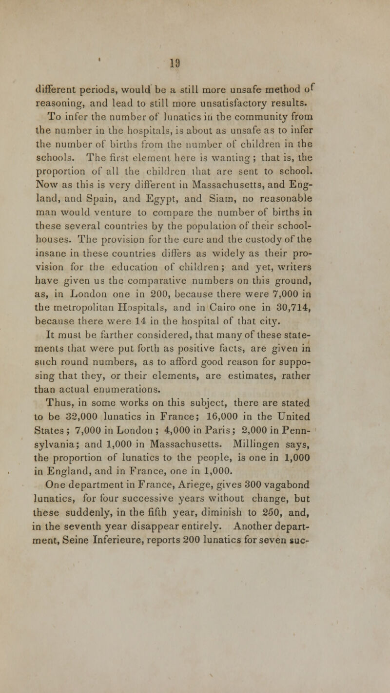 different periods, would be a still more unsafe method of reasoning, and lead to still more unsatisfactory results. To infer the number of lunatics in the community from the number in the hospitals, is about as unsafe as to infer the number of births from the number of children in the schools. The first element here is wanting ; that is, the proportion of all the children lhat are sent to school. Now as this is very different in Massachusetts, and Eng- land, and Spain, and Egypt, and Siam, no reasonable man would venture to compare the number of births in these several countries by the population of their school- houses. The provision for the cure and the custody of the insane in these countries differs as widely as their pro- vision for the education of children ; and yet, writers have given us the comparative numbers on this ground, as, in London one in 200, because there were 7,000 in the metropolitan Hospitals, and in Cairo one in 30,714, because there were 14 in the hospital of that city. It must be farther considered, that many of these state- ments that were put forth as positive facts, are given in such round numbers, as to afford good reason for suppo- sing that they, or their elements, are estimates, rather than actual enumerations. Thus, in some works on this subject, there are stated to be 32,000 lunatics in France; 16,000 in the United States ; 7,000 in London ; 4,000 in Paris ; 2,000 in Penn- sylvania; and 1,000 in Massachusetts. Millingen says, the proportion of lunatics to the people, is one in 1,000 in England, and in France, one in 1,000. One department in France, Ariege, gives 300 vagabond lunatics, for four successive years without change, but these suddenly, in the fifth year, diminish to 250, and, in the seventh year disappear entirely. Another depart- ment, Seine Inferieure, reports 200 lunatics for seven sue-