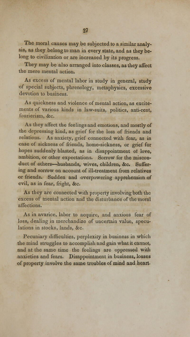 The moral causes may be subjected to a similar analy- sis, as they belong to man in every state, and as they be- long to civilization or are increased by its progress. They may be also arranged into classes, as they affect the mere mental action. As excess of mental labor in study in general, study of special subjects, phrenology, metaphysics, excessive devotion to business. As quickness and violence of mental action, as excite- ments of various kinds in law-suits, politics, anti-rent, fourierism, &c. As they affect the feelings and emotions, and mostly of the depressing kind, as grief for the loss of friends and relations. As anxiety, grief connected with fear, as in case of sickness of friends, home-sickness, or grief for hopes suddenly blasted, as in disappointment of love, ambition, or other expectations. Sorrow for the miscon- duct of others—husbands, wives, children, &c. Suffer- ing and sorrow on account of ill-treatment from relatives or friends. Sudden and overpowering apprehension of evil, as in fear, fright, &c. As they are connected with property involving both the excess of mental action and the disturbance of the moral affections. As in avarice, labor to acquire, and anxious fear of loss, dealing in merchandize of uncertain value, specu- lations in stocks, lands, &c. Pecuniary difficulties, perplexity in business in which the mind struggles to accomplish and gain what it cannot, and at the same time the feelings are oppressed with anxieties and fears. Disappointment in business, losses of property involve the same troubles of mind and heart.