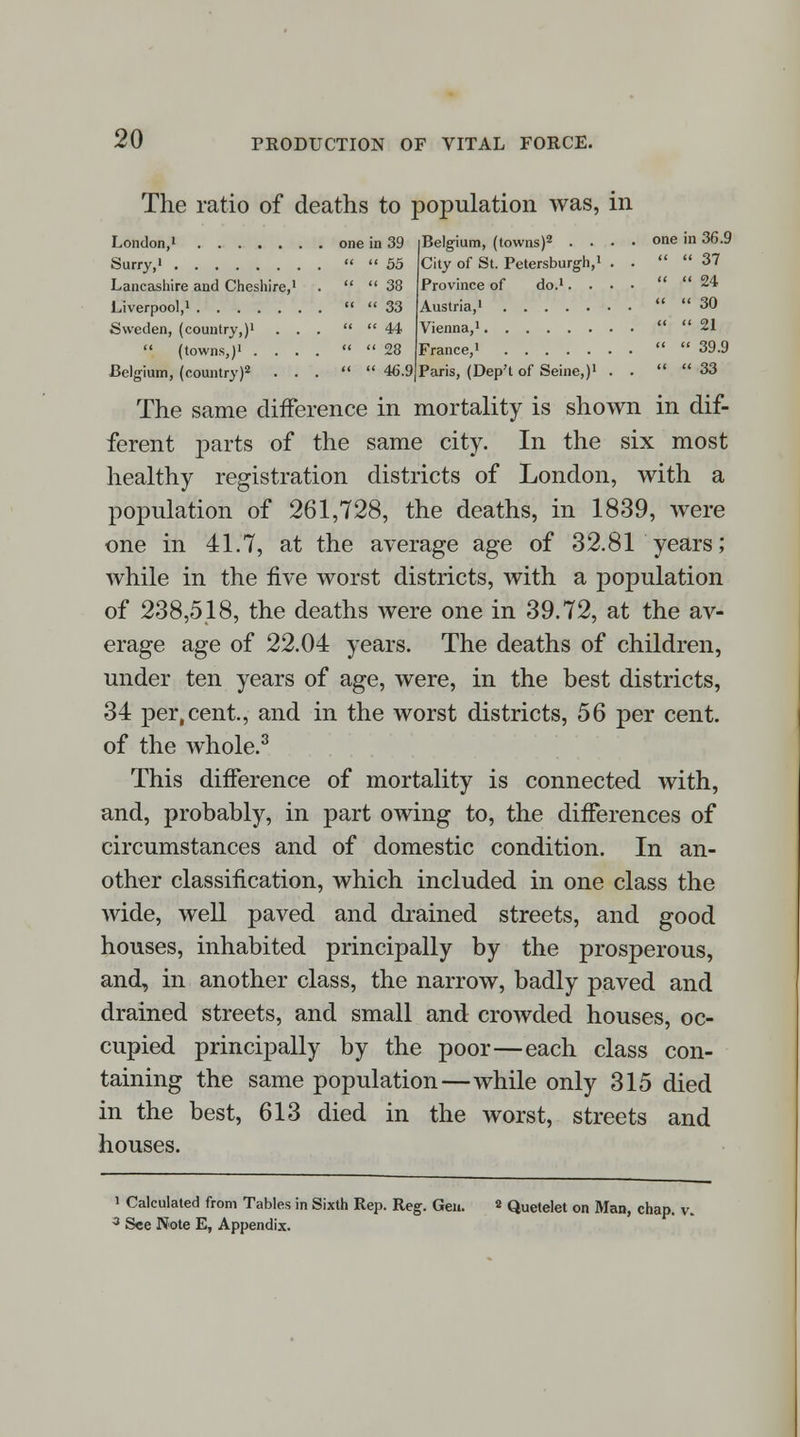 The ratio of deaths to population was, in London,1 Surry,1 Lancashire and Cheshire,1 Liverpool,1 . . . Sweden, (country,)1  (towns,)1 . Belgium, (country)2 The same differ one in 39  55 :< 38 ' 33 ' 44 ' 28 < 46.9 Belgium, (towns)2 .... one in 36.9 City of St. Petersburg!!,1 . .   37 Province of do.1....   24 Austria,1   30 Vienna,1   21 France,1   39.9 Paris, (Dep't of Seine,)1 . .   33 rence in mortality is shown in dif- ferent parts of the same city. In the six most healthy registration districts of London, with a population of 261,728, the deaths, in 1839, were one in 41.7, at the average age of 32.81 years; while in the five worst districts, with a population of 238,518, the deaths were one in 39.72, at the av- erage age of 22.04 years. The deaths of children, under ten years of age, were, in the best districts, 34 per,cent., and in the worst districts, 56 per cent, of the whole.3 This difference of mortality is connected with, and, probably, in part owing to, the differences of circumstances and of domestic condition. In an- other classification, which included in one class the wide, well paved and drained streets, and good houses, inhabited principally by the prosperous, and, in another class, the narrow, badly paved and drained streets, and small and crowded houses, oc- cupied principally by the poor—each class con- taining the same population—while only 315 died in the best, 613 died in the worst, streets and houses. 1 Calculated from Tables in Sixth Rep. Reg. Gen. 2 Quetelet on Man, chap. v. a See Note E, Appendix.