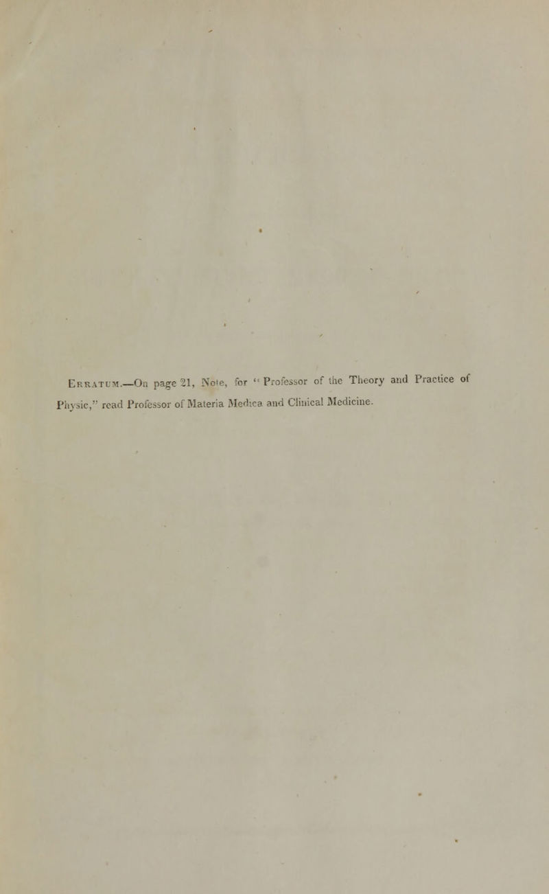 Erratum.—Oq page 21, Note, for Professor of the Theory and Practice of Physic, read Professor of Materia Medica and Clinical Medicine.