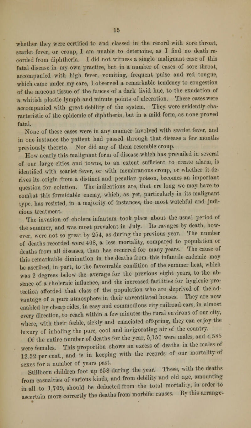 whether they were certified to and classed in the record with sore throat, scarlet fever, or croup, I am unable to determine, as I find no death re- corded from diphtheria. I did not witness a single malignant case of this fatal disease in my own practice, but in a number of cases of sore throat, accompanied with high fever, vomiting, frequent pulse and red tongue, which came under my care, I observed a remarkable tendency to congestion of the mucous tissue of the fauces of a dark livid hue, to the exudation of a whitish plastic lymph and minute points of ulceration. These cases were accompanied with great debility of the system. They were evidently cha- racteristic of the epidemic of diphtheria, but in a mild form, as none proved fatal. None of these cases were in any manner involved with scarlet fever, and in one instance the patient had passed through that disease a few months previously thereto. Nor did any of them resemble croup. How nearly this malignant form of disease which has prevailed in several of our large cities and towns, to an extent sufficient to create alarm, is identified with scarlet fever, or with membranous croup, or whether it de- rives its origin from a distinct and peculiar poison, becomes an important question for solution. The indications are, that ere long we may have to combat this formidable enemy, which, as yet, particularly in its malignant type, has resisted, in a majority of instances, the most watchful and judi- cious treatment. The invasion of cholera infantum took place about the usual period of the summer, and was most prevalent in July. Its ravages by death, how- ever, were not so great by 254, as during the previous year. The number of deaths recorded were 408, a less mortality, compared to population or deaths from all diseases, than has occurred for many years. The cause of this remarkable diminution in the deaths from this infantile endemic may be ascribed, in part, to the favourable condition of the summer heat, which was 2 degrees below the average for the previous eight years, to the ab- sence of a choleraic influence, and the increased facilities for hygienic pro- tection afforded that class of the population who are deprived of the ad- vantage of a pure atmosphere in their unventilated houses. They are now enabled by cheap rides, in easy and commodious city railroad cars, in almost every direction, to reach within a few minutes the rural environs of our city, where, with their feeble, sickly and emaciated offspring, they can enjoy the luxury of inhaling the pure, cool and invigorating air of the country. Of the entire number of deaths for the year, 5,157 were males, and 4,585 were females. This proportion shows an excess of deaths in the males of 12.52 percent., and is in keeping with the records of our mortality of sexes for a number of years past. Stillborn children foot up 658 during the year. These, with the deaths from casualties of various kinds, and from debility and old age, amounting in all to 1 709 should be deducted from the total mortality, in order to ascertain more correctly the deaths from morbific causes. By this arrange-