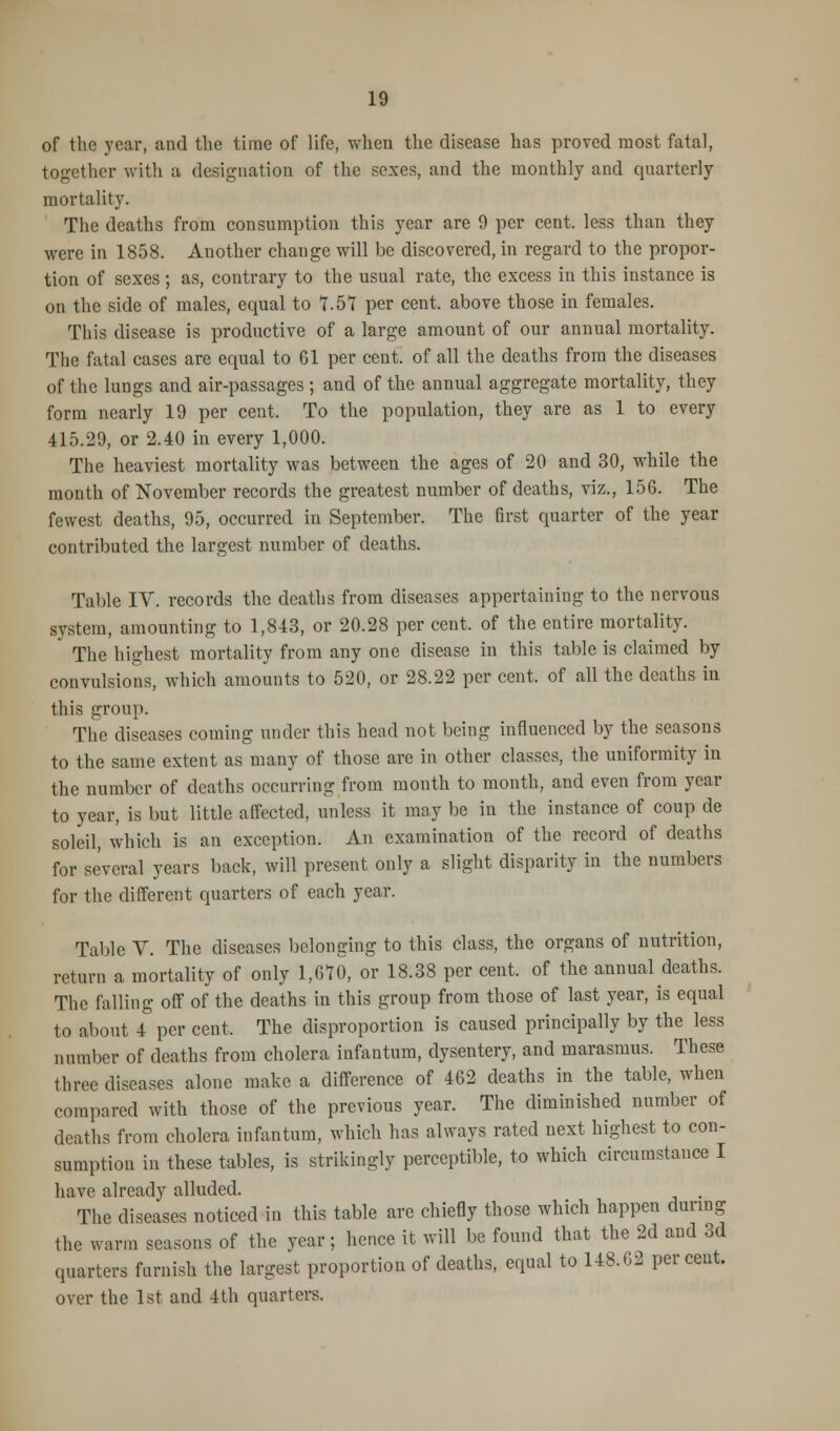 of the year, and the time of life, when the disease has proved most fatal, together with a designation of the sexes, and the monthly and quarterly mortality. The deaths from consumption this year are 9 per cent, less than they were in 1858. Another change will be discovered, in regard to the propor- tion of sexes ; as, contrary to the usual rate, the excess in this instance is on the side of males, equal to 7.57 per cent, above those in females. This disease is productive of a large amount of our annual mortality. The fatal cases are equal to 61 per cent, of all the deaths from the diseases of the lungs and air-passages ; and of the annual aggregate mortality, they form nearly 19 per cent. To the population, they are as 1 to every 415.29, or 2.40 in every 1,000. The heaviest mortality was between the ages of 20 and 30, while the month of November records the greatest number of deaths, viz., 156. The fewest deaths, 95, occurred in September. The first quarter of the year contributed the largest number of deaths. Table IV. records the deaths from diseases appertaining to the nervous system, amounting to 1,843, or 20.28 per cent, of the entire mortality. The highest mortality from any one disease in this table is claimed by convulsions, which amounts to 520, or 28.22 per cent, of all the deaths in this group. The diseases coming under this head not being influenced by the seasons to the same extent as many of those are in other classes, the uniformity in the number of deaths occurring from month to month, and even from year to year, is but little affected, unless it may be in the instance of coup de soleil, which is an exception. An examination of the record of deaths for several years back, will present only a slight disparity in the numbers for the different quarters of each year. Table V. The diseases belonging to this class, the organs of nutrition, return a mortality of only 1,670, or 18.38 per cent, of the annual deaths. The falling off of the deaths in this group from those of last year, is equal to about 4 per cent, The disproportion is caused principally by the less number of deaths from cholera infantum, dysentery, and marasmus. These three diseases alone make a difference of 462 deaths in the table, when compared with those of the previous year. The diminished number of deaths from cholera infantum, which has always rated next highest to con- sumption in these tables, is strikingly perceptible, to which circumstance I have already alluded. . The diseases noticed in this table arc chiefly those which happen during the warm seasons of the year; hence it will be found that the 2d and 3d quarters furnish the largest proportion of deaths, equal to 148.02 per cent. over the 1st and 4th quarters.