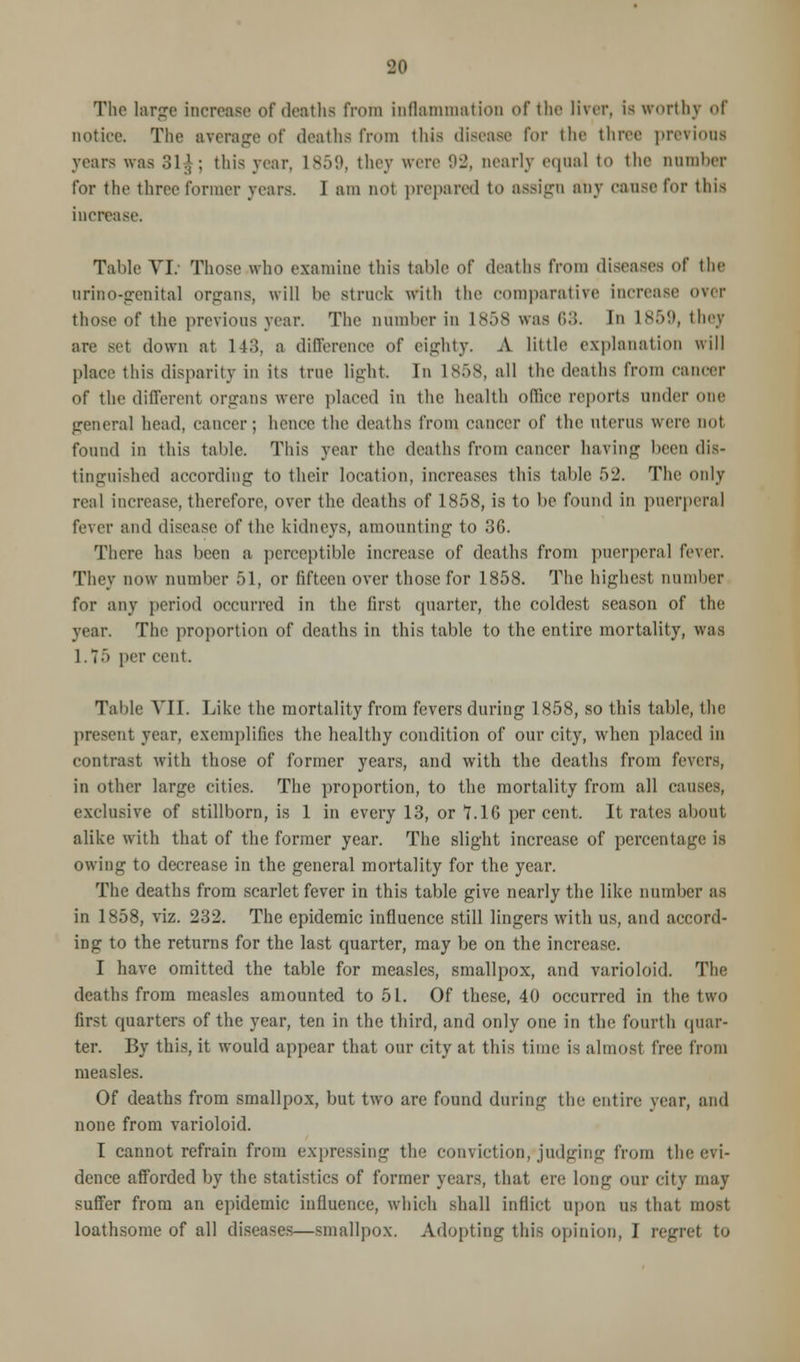 90 The large increase of deaths from inflammation of the liver, is worthy of notice. The average Of deaths from this disease for the three previous years was 31.1, ; this year, is.)'.), they were 92, nearly equal to the number for the three former years. I am nol prepared to assign any cause for this increase. Table VI. Those who examine this table Of deaths from diseases of the orino-genital organs, will be struck with the comparative increase over those of the previous year. The Dumber in 1858 was 63. In is.')'.), they : down at 143, a difference of eighty. A little explanation will place this disparity in its true light. In L858, all the deaths from cancer of the differenl organs were placed in the health office reports under one general head, cancer; hence the deaths from cancer of the uterus were not found in this table. This year the deaths from cancer having been dis- tinguished according to their location, increases this table 52. The only real increase, therefore, over the deaths of 1858, is to be found in puerperal fever and disease of the kidneys, amounting to 36. There has been a perceptible increase of deaths from puerperal fever. They now number 51, or fifteen over those for 1858. The highest number for any period occurred in the first quarter, the coldest season of the year. The proportion of deaths in this table to the entire mortality, was 1.7-> per cent. Table VII. Like the mortality from fevers during 1858, so this table, the present year, exemplifies the healthy condition of our city, when placed in contrast with those of former years, and with the deaths from fevers, in other large cities. The proportion, to the mortality from all ea exclusive of stillborn, is 1 in every 13, or 7.16 percent. It rates about alike with that of the former year. The slight increase of percentage is owing to decrease in the general mortality for the year. The deaths from scarlet fever in this table give nearly the like number as in 1858, viz. 232. The epidemic influence still lingers with us, and accord- ing to the returns for the last quarter, may be on the increase. I have omitted the table for measles, smallpox, and varioloid. The deaths from measles amounted to 51. Of these, 40 occurred in the two first quarters of the year, ten in the third, and only one in the fourth quar- ter. By this, it would appear that our city at this time is almost free from measles. Of deaths from smallpox, but two are found during the entire year, and none from varioloid. I cannot refrain from expressing the conviction/judging from the evi- dence afforded by the statistics of former years, that ere long our city may suffer from an epidemic influence, which shall inflict upon us that most loathsome of all diseases—smallpox. Adopting this opinion, I regret to