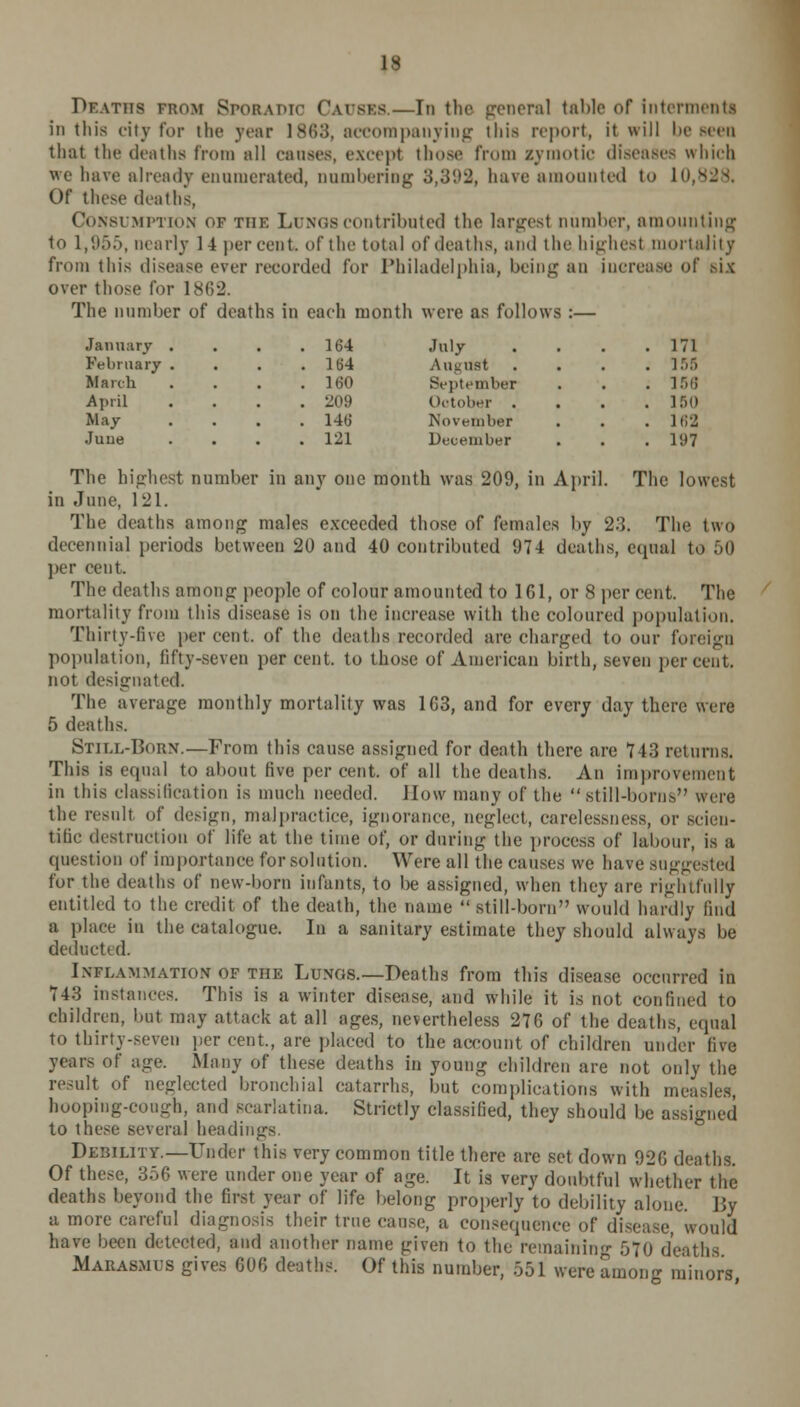 Deaths from Sporadic Causes.—In the general table of interments in this city for the year 1863, accompanying this report, it will lie seen that the deaths from all causes, except those from zymotic diseases which we have already enumerated, numbering 3,3'.>2, have amounted to 10,828. Of these deaths, Consumption of the Lungs contributed the largest number, amounting to 1,955, nearly 14 percent, of the total of deaths, and the highest mortality from this disease ever recorded for Philadelphia, being an increase of six over those for 1862. The number of deaths in each month were as follows :— January . . . .164 July . . . .171 February . . . .1(54 August .... 155 March .... lflO September . . . 158 April . . . .209 October .... 150 May .... 146 November . . . 162 June .... 121 December . . . 197 The highest number in any one month was 209, in April. The lowest in June, 121. The deaths among males exceeded those of females by 23. The two decennial periods between 20 and 40 contributed 974 deaths, equal to 50 per cent. The deaths among people of colour amounted to 161, or 8 per cent. The mortality from this disease is on the increase with the coloured population. Thirty-five per cent, of the deaths recorded are charged to our foreign population, fifty-seven per cent, to those of American birth, seven percent, not designated. The average monthly mortality was 163, and for every day there were 5 deaths. Still-Born.—From this cause assigned for death there are 143 returns. This is equal to about live per cent, of all the deaths. An improvement in this classification is much needed. How many of the still-born.-, were the result of design, malpractice, ignorance, neglect, carelessness, or scien- tific destruction of life at the time of, or during the process of labour, is a question of importance for solution. Were all the causes we have suggested for the deaths of new-born infants, to be assigned, when they are rightfully entitled to the credit of the death, the name  still-born would hardly find a place in the catalogue. In a sanitary estimate they should always be deducted Inflammation of the Lungs.—Deaths from this disease occurred in 743 instances. This is a winter disease, and while it is not confined to children, but may attack at all ages, nevertheless 276 of the deaths, equal to thirty-seven per cent., are placed to the account of children under five years of age. Many of these deaths in young children are not only the result of neglected bronchial catarrhs, but complications with measles, hooping-cough, and scarlatina. Strictly classified, they should be assigned to these several headings. Debility.—Under this very common title there are set down 926 deaths. Of these, 356 were under one year of age. It is very doubtful whether the deaths beyond the first year of life belong properly to debility alone. By a more careful diagnosis their true cause, a consequence of disease, would have been detected, and another name given to the remaining 570 deaths Marasmus gives 606 deaths. Of this number, 551 were among minors