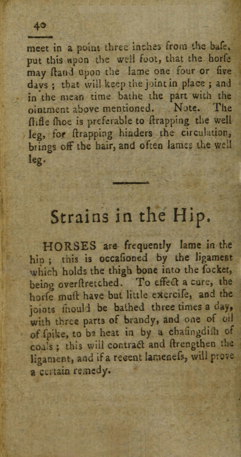 4» meet in a point thrte inches from the bafe. put this wpon the well foot, that the horfe may (land upon the lame one four or five davs ; that will keep the joint in place ; and in the mean time bathe the part with the ointment above mentioned. Note. The fhfle (hoe is preferable to (trapping the well leg, for (trapping hinders the circulation, brings off the hair, and often lamss the well leg. Strains in the Hip. HORSES are frequently lame in the hin ; this is occafioned by the ligament which holds the thigh bone into the fbcket, being overftretched. To effea a curi, the horfe mult have but little exercife, and the joints mould be bathed three times a day, with three parts of brandy, and one of oil of fpike, to b? heat in by a chafingdim of coals ; this will contract and ftrengthen the ligament, and if a reeent lameoefs, will prove a cli tain re.nedy.