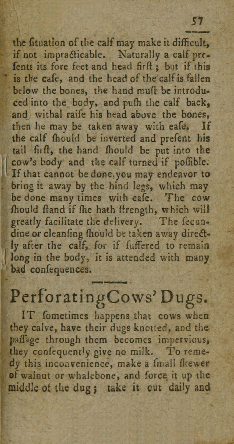 the fittiation of tlie calf may make it difficult, if not impracticable. Naturally a calf pre. fents its fore feet and head fir ft ; but if this is the cafe, and the head of the calf is fallen btlow the bones, the hand mud be introdu- ced into the body, and pufli the calf back, and withal raife his head above the bones, then he may be taken away with eafe. If the calf mould be inverted and prefent his tail fiift, the hand mould be put into the cow's body and the calf turned if poffible. If that cannot be done,you may endeavor to bring it away by the hind legs, which may be done many times with e2fe. The cow mould ftand if me hath ffrength, which will greatly facilitate the delivery. The fecun- dine or cleanfing fhou'd be taken away direct- ly after the calf, for if fuffered to remain Jong in the body, it is attended with many bad confluences. PerfbratingCows' Dugs. IT fometimes happens that cows when they calve, have their dugs knotted, and the paffage through them becomes impervious, they ccnfequent'y give no milk. To reme- dy this inconvenience, make a fmall fkewer of walnut or whalebone, and force it up the middle of the dug j take it cut daily and