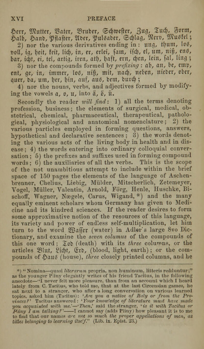 §cvr, Gutter, ©ater, ©ruber, <5d)h?efrer, 3«9' £«<$' 5°rm' £alb, £anb, ^3flafter, Slber, gjulSaber, ©c$lag, 9ier», 9Ku«ffl; 2) nor the various derivatives ending in : una., tl)unt, log, aofl, in, heir, feit, lid), in, er, erlei, [am, ifd), el, urn, ni§, en$, bar, id)t, ei, tcl, arttg, trert, all), Ijaft, ertt, cbctt, kin, fal, linn ; 3) nor the compounds formed by prefixing: al\ an, be, cmp, cnr, nc, in, immer, log, nir}, mil, nacb, neben, nieber, ober, quer, ba, urn, her, bin, anf, aug, bent, buret) ; 4) nor the nouns, verbs, and adjectives formed by modify- ing the vowels a, o, u, into a, b, ii. Secondly the reader will find: 1) all the terms denoting profession, business; the elements of surgical, medical, ob- stetrical, chemical, pharmaceutical, therapeutical, patholo- gical, physiological and anatomical nomenclature; 2) the various particles employed in forming questions, answers, hypothetical and declarative sentences ; 3) the words denot- ing the various acts of the living body in health and in dis- ease ; 4) the words entering into ordinary colloquial conver- sation ; 5) the prefixes and suffixes used in forming compound words; 6) the auxiliaries of all the verbs. This is the scope of the not unambitious attempt to include within the brief space of 150 pages the elements of the language of Aschen- brenner, Chelius, Liebig, Mulder, Mitscherlich, Zetemeyer, Vogel, Miiller, Valentin, Arnold, Forg, Henle, Huschke, Bi- schoff, Wagner, Nasgele, Carus, Wigand, *) and the many equally eminent scholars whom Germany has given to Medi- cine and its kindred sciences. If the reader desires to form some approximative notion of the resources of this language, its variety and power of endless self-multiplication, let him turn to the word SBaffer (water) in Adler's large 8vo Dic- tionary, and examine the seven columus of the compounds of this one word; Job (death) with its three columns, or the articles 23lut, Sicbr, firfc, (blood, light, earth); or the com- pounds of £au$ (house), three closely printed columns, and he *) Nomina—quasi literarum propria, non huminum. litteris redduntur; as the younger Pliny elegsSitly writes of his friend Tacitus, in the following anecdote—l never felt more pleasure, than from an account which I heard lately from C. Tacitus, who told me, that at the last Circeusian games, he sat next to a Stranger, who after a long conversation on various learned topics, asked him (Tacitus): 'Are you a native of Italy or from the Pro- vinces f Tacitus answered : lYour know'edge of literature mud have made you acquainted with me.'—-Then,' said the stranger, 'is it with Tacitus or Pliny I am tailing?' 1 cannot say (adds Pliny) how pleasant it is to me to find that our names are not so much Vie proper appellations of men, as titles belonging to learning itse'f. (Lib. ix. Epist. 23.)